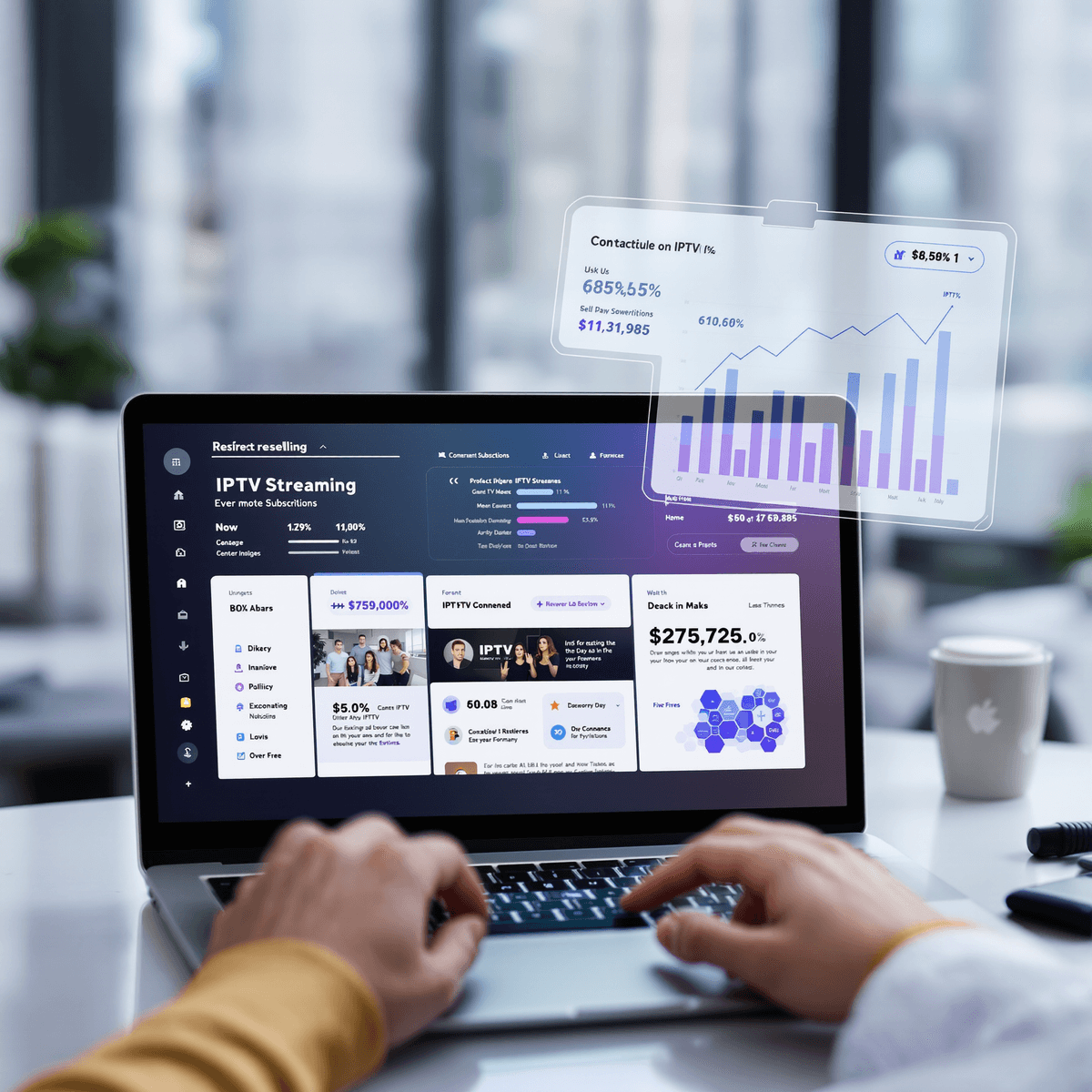 Laptop screen displaying IPTV streaming, business growth charts, and a person managing subscriptions remotely in a modern digital workspace.
