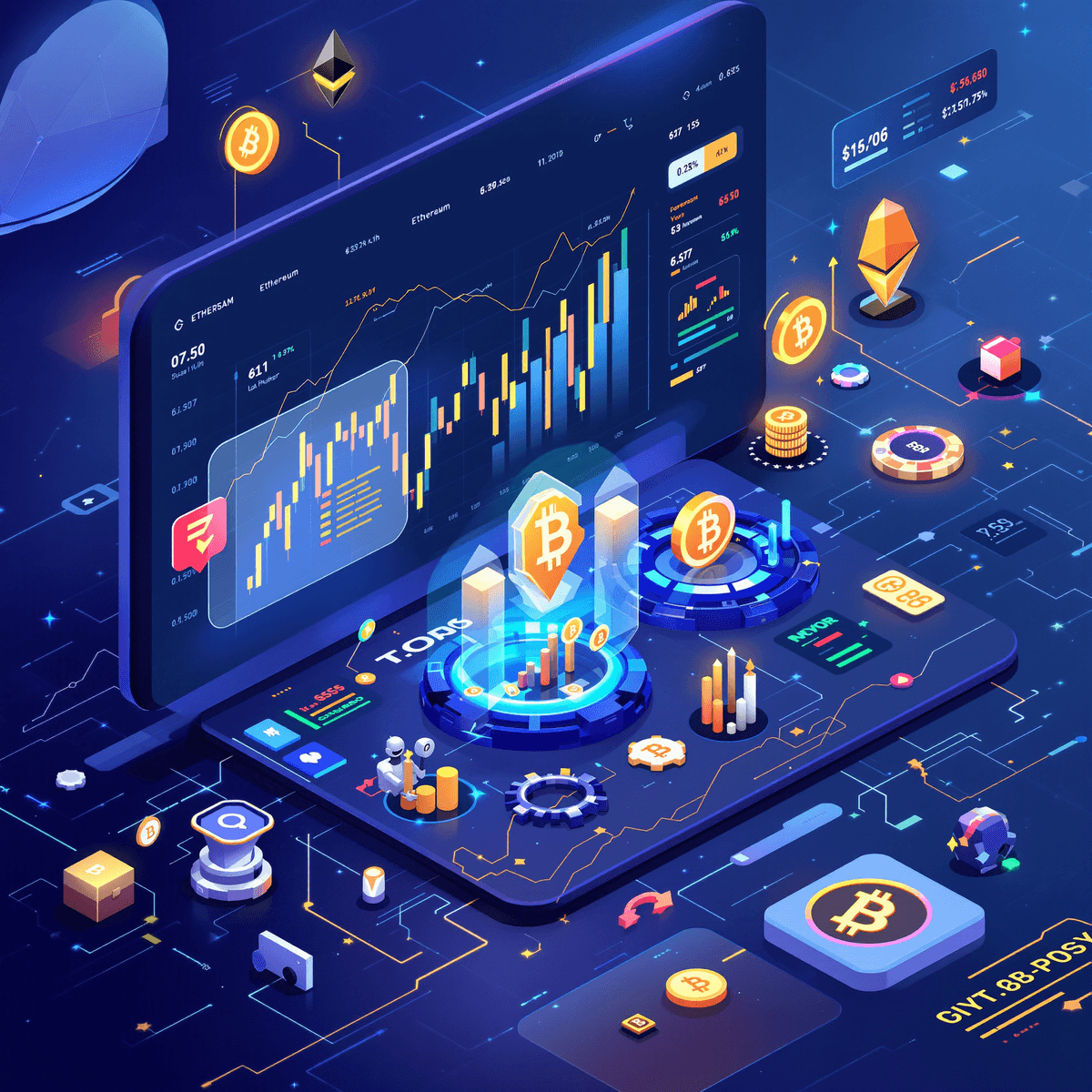 A digital interface of a cryptocurrency trading platform featuring graphs, charts, Bitcoin and Ethereum symbols, and robotic elements in a modern color palette.