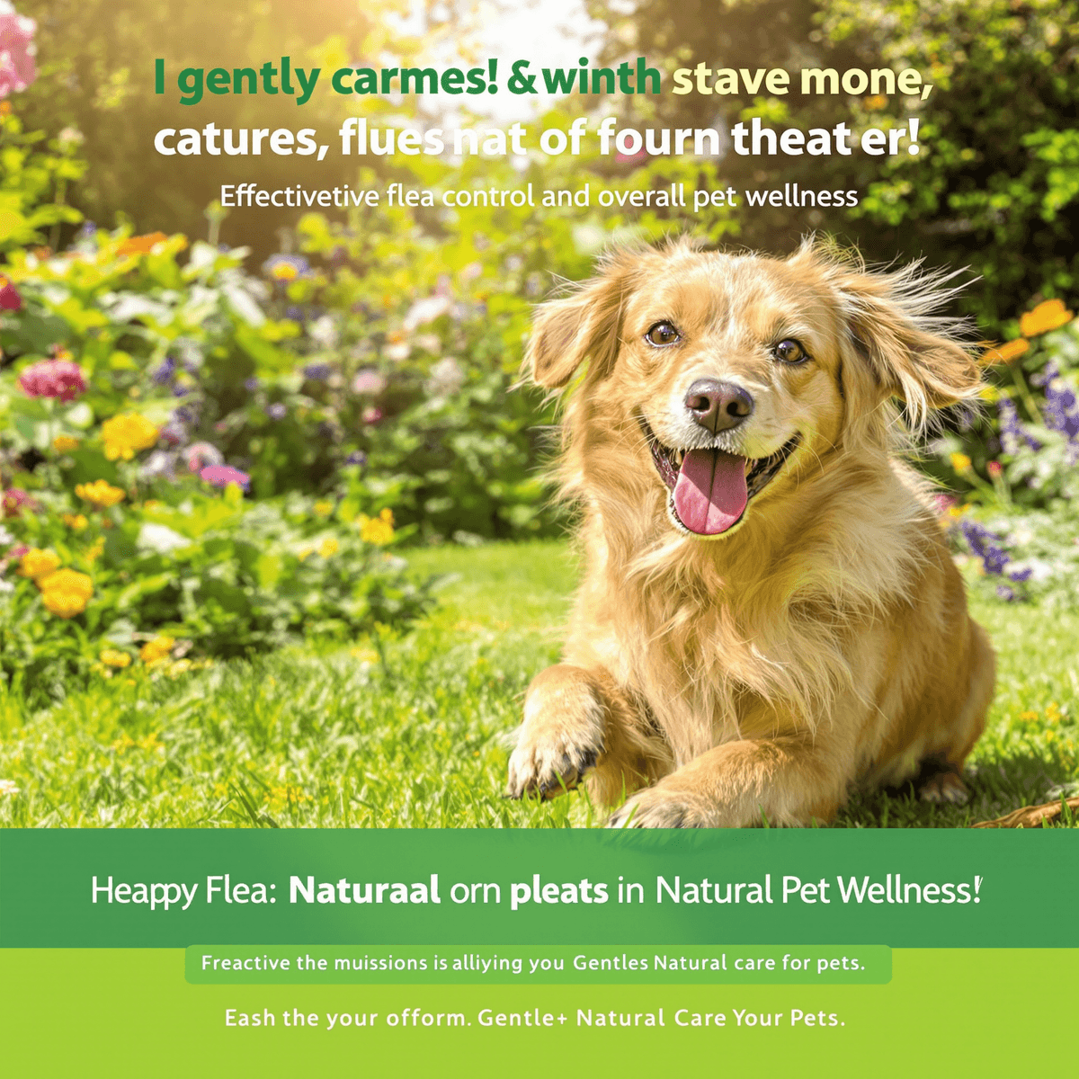 A joyful dog with a shiny coat playing in a sunny garden filled with plants and flowers, representing effective flea control and pet wellness.