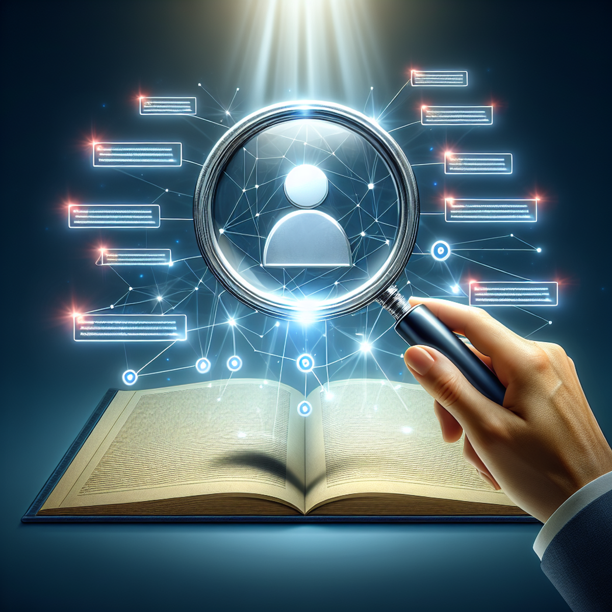 A hand holding a magnifying glass hovers over a simplified webpage, with abstract, luminescent points and lines representing tags and links.