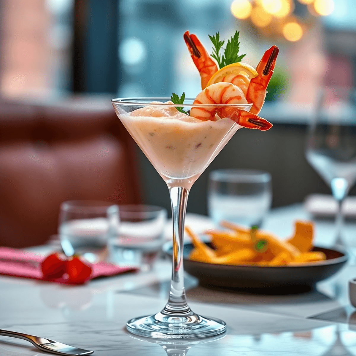 A modern prawn cocktail in a stylish glass, featuring fresh prawns, creamy sauce, and garnishes, set against an elegant dining backdrop.