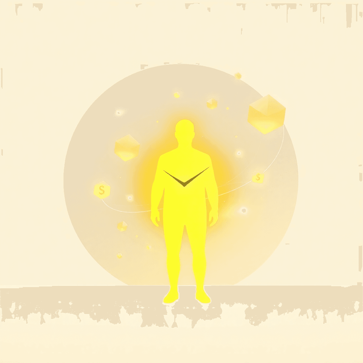 Glowing human silhouette with floating geometric shapes and light trails on a clean gradient background symbolizing time and calculation.