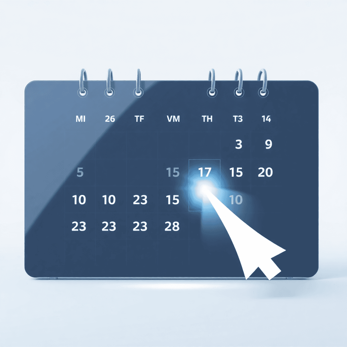 Digital calendar interface with highlighted dates, glowing cursor selecting a date, and soft light effects on a clean, modern background.