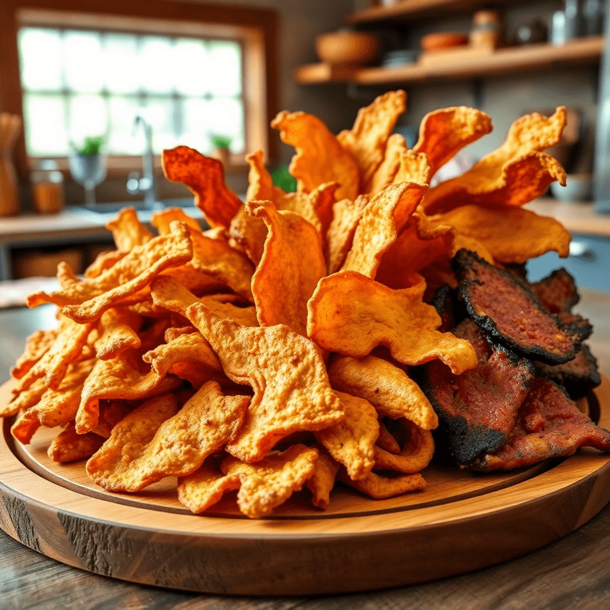 A wooden platter filled with crispy pork rinds and savory meat chips, set against a rustic kitchen backdrop with natural light highlighting the snacks.