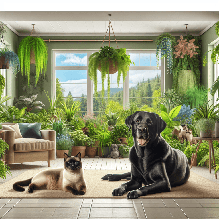 A cozy living room filled with a variety of pet-friendly houseplants, showcasing vibrant greens and colorful foliage. A happy black Labrador Retriever and a relaxed Siamese cat lounge comfortably on a plush sofa, surrounded by the lush greenery, creating a serene and harmonious indoor atmosphere. Sunlight streams in through a window, highlighting the peaceful coexistence of the pets and their natural environment.