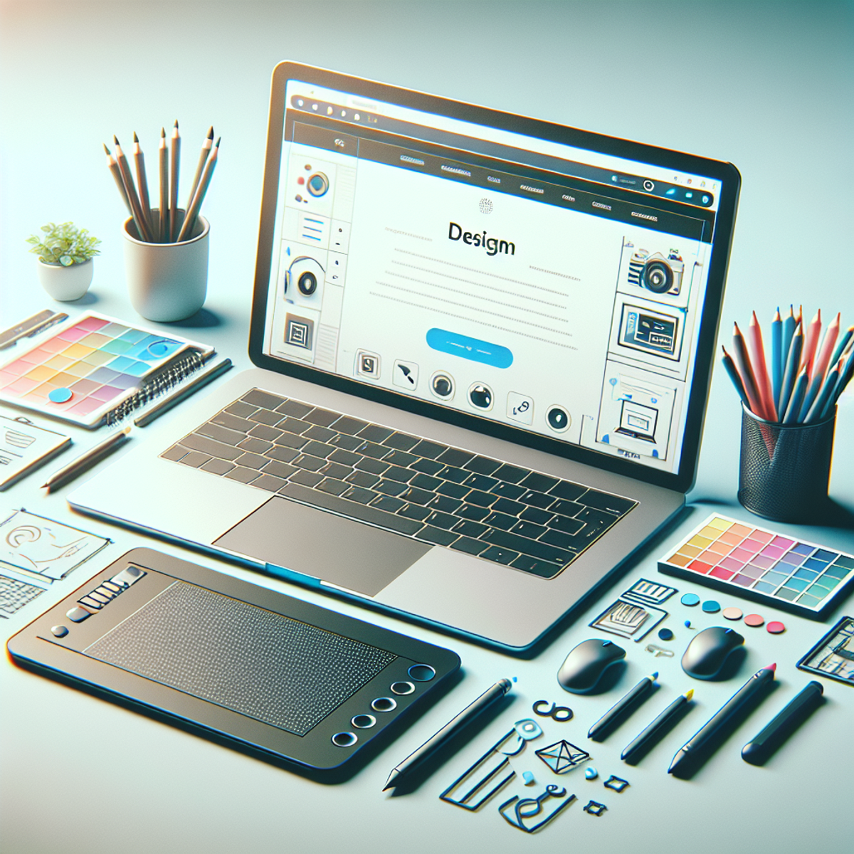 A laptop displaying a minimalist website design surrounded by a graphics tablet, stylus, and color palette.