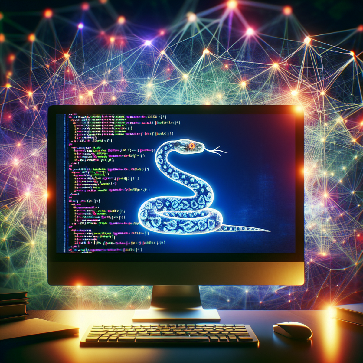 A person typing Python code on a computer screen with a snake image, and a complex network diagram in the background.