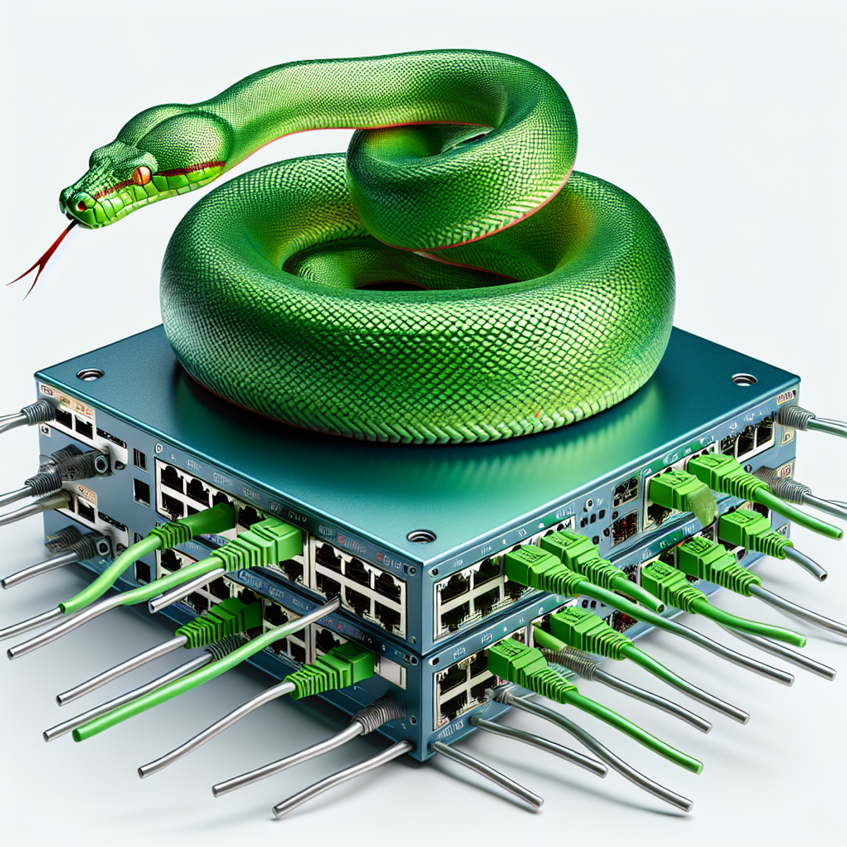 A green python snake coils around a complex network switch, its scales glistening.