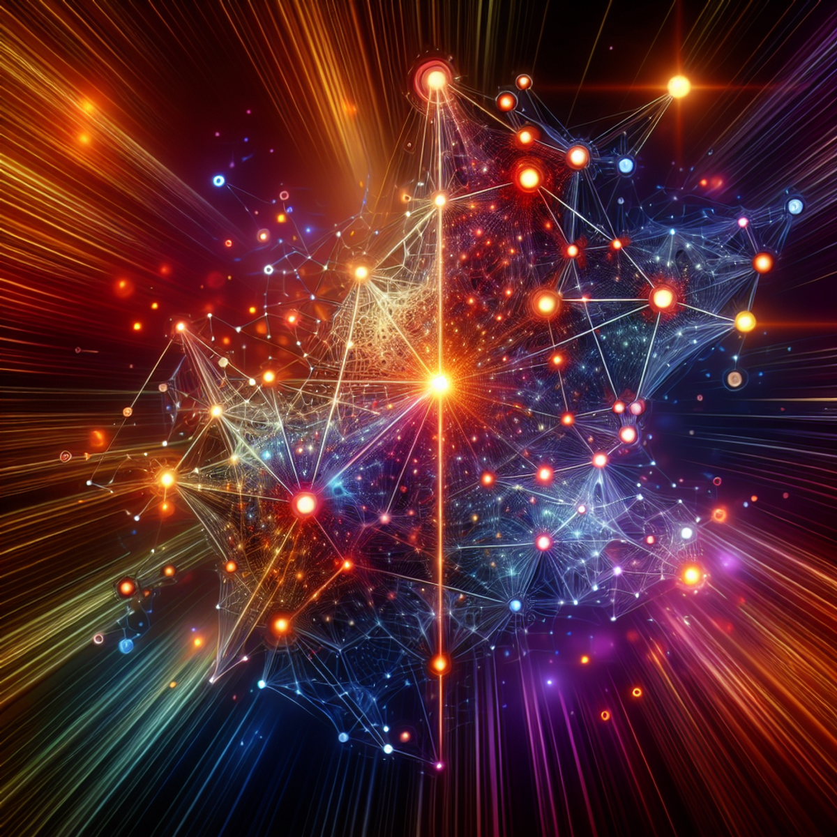 A digital illustration of a complex network with glowing nodes and flowing lines representing the automation features of Python 3.