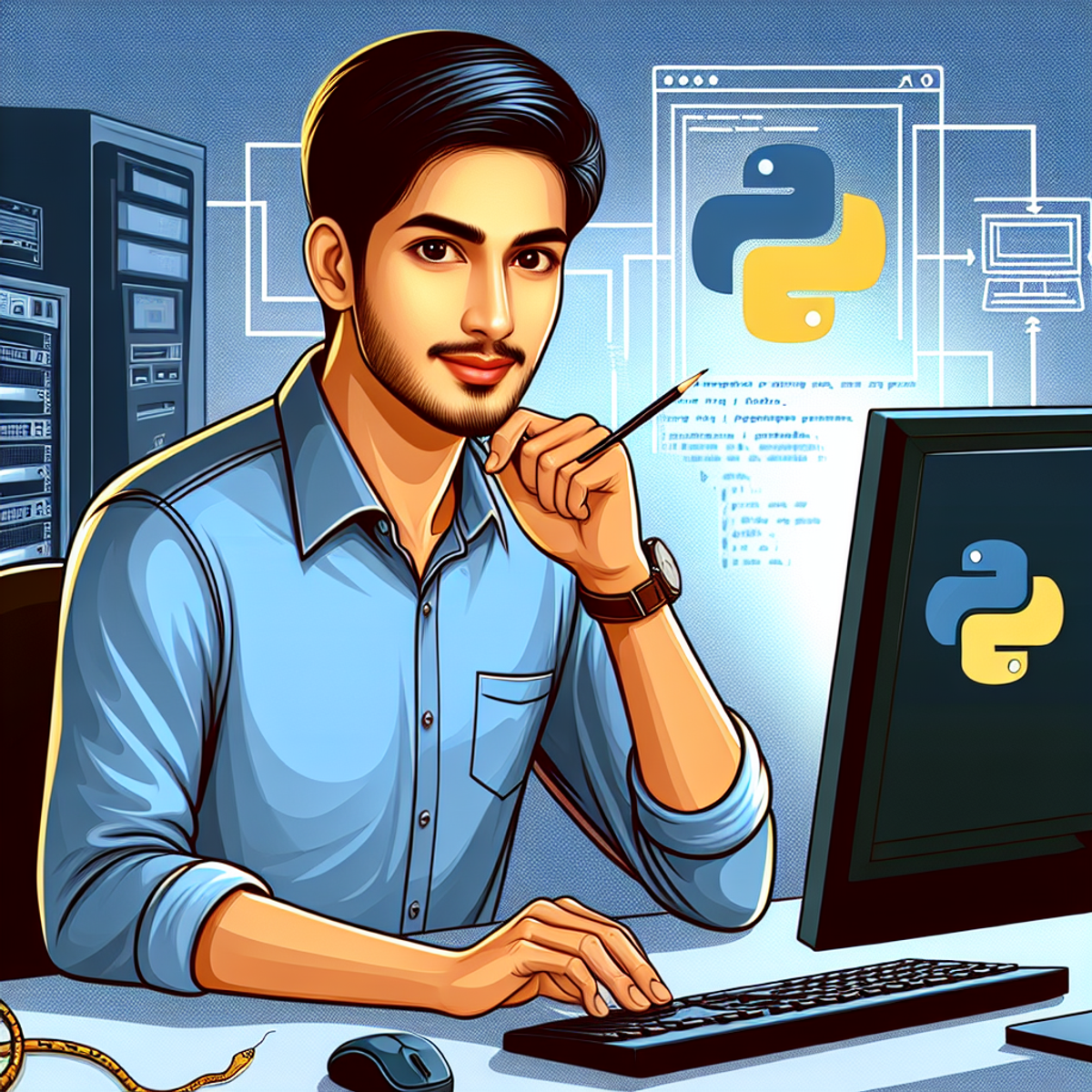 A South Asian male network engineer working on a computer, using Python programming language for automation and improved efficiency in an office setting.