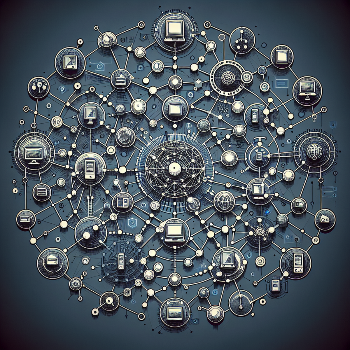 A complex network of interconnected nodes and lines representing various devices and their links.