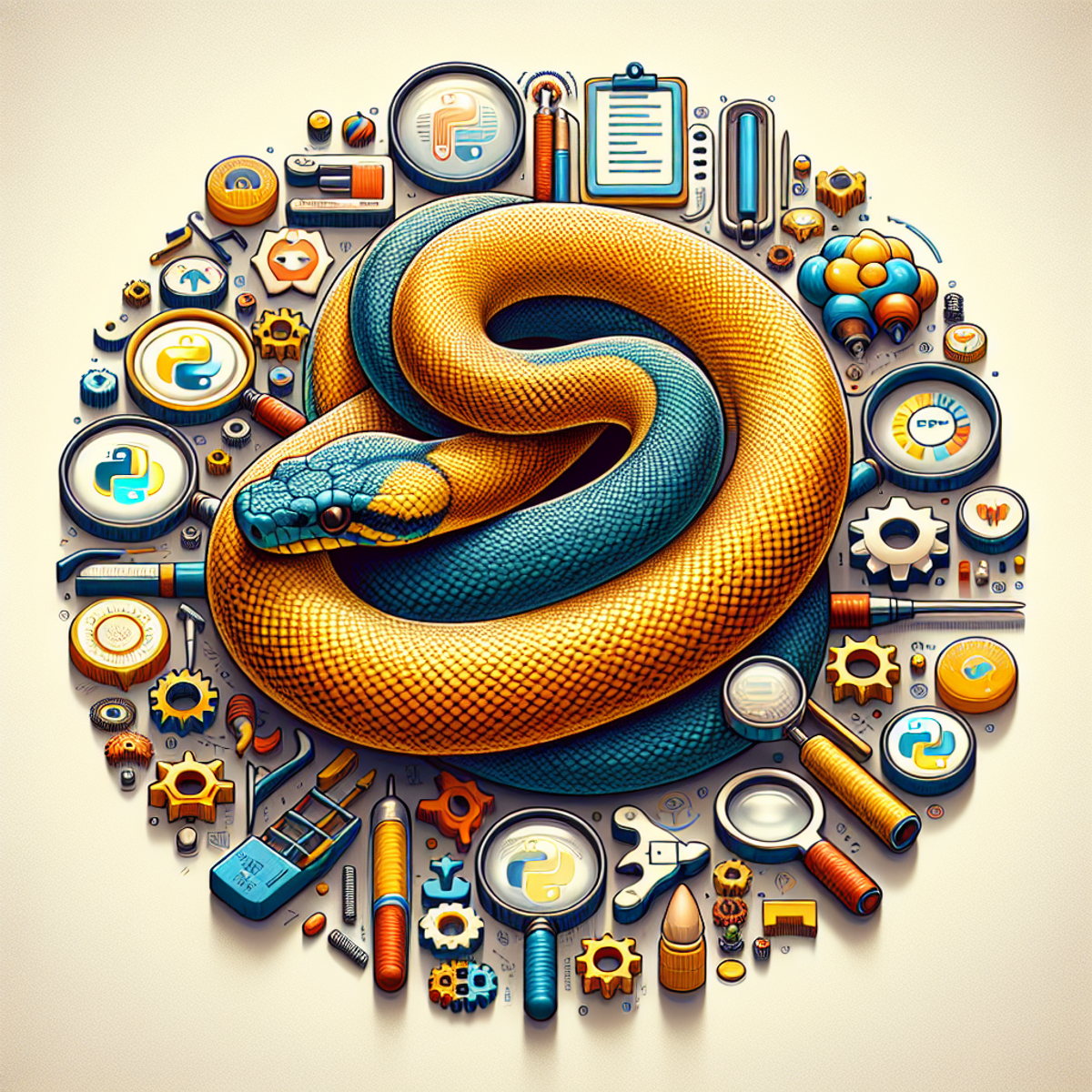 A Python snake coiled around a diverse palette of objects and symbols representing various testing tools and frameworks used in Python coding.