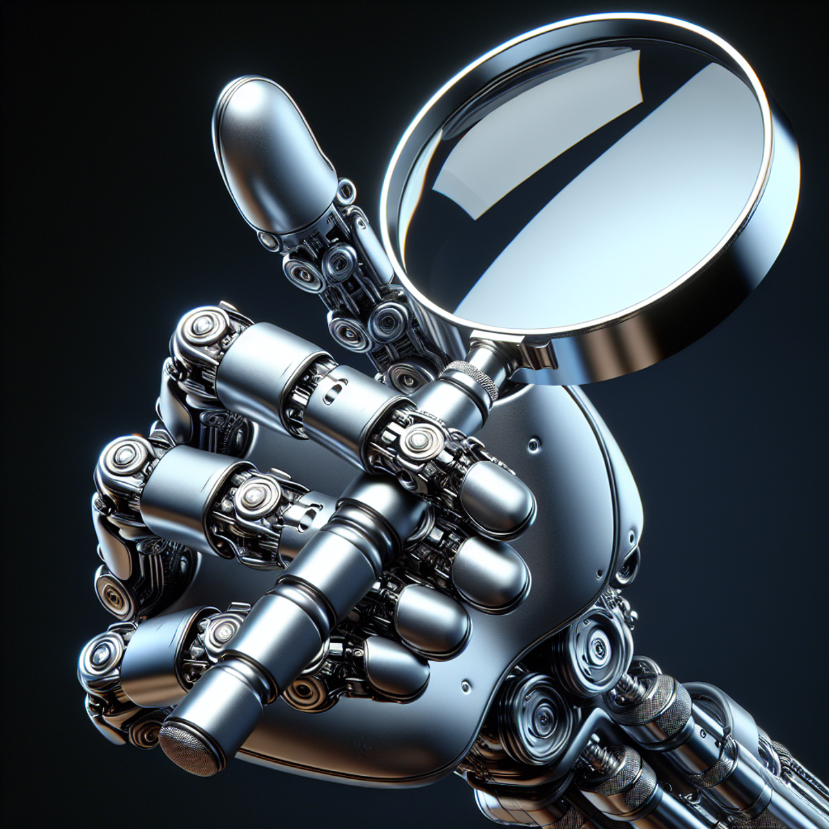 A metallic robot hand holding a magnifying glass.