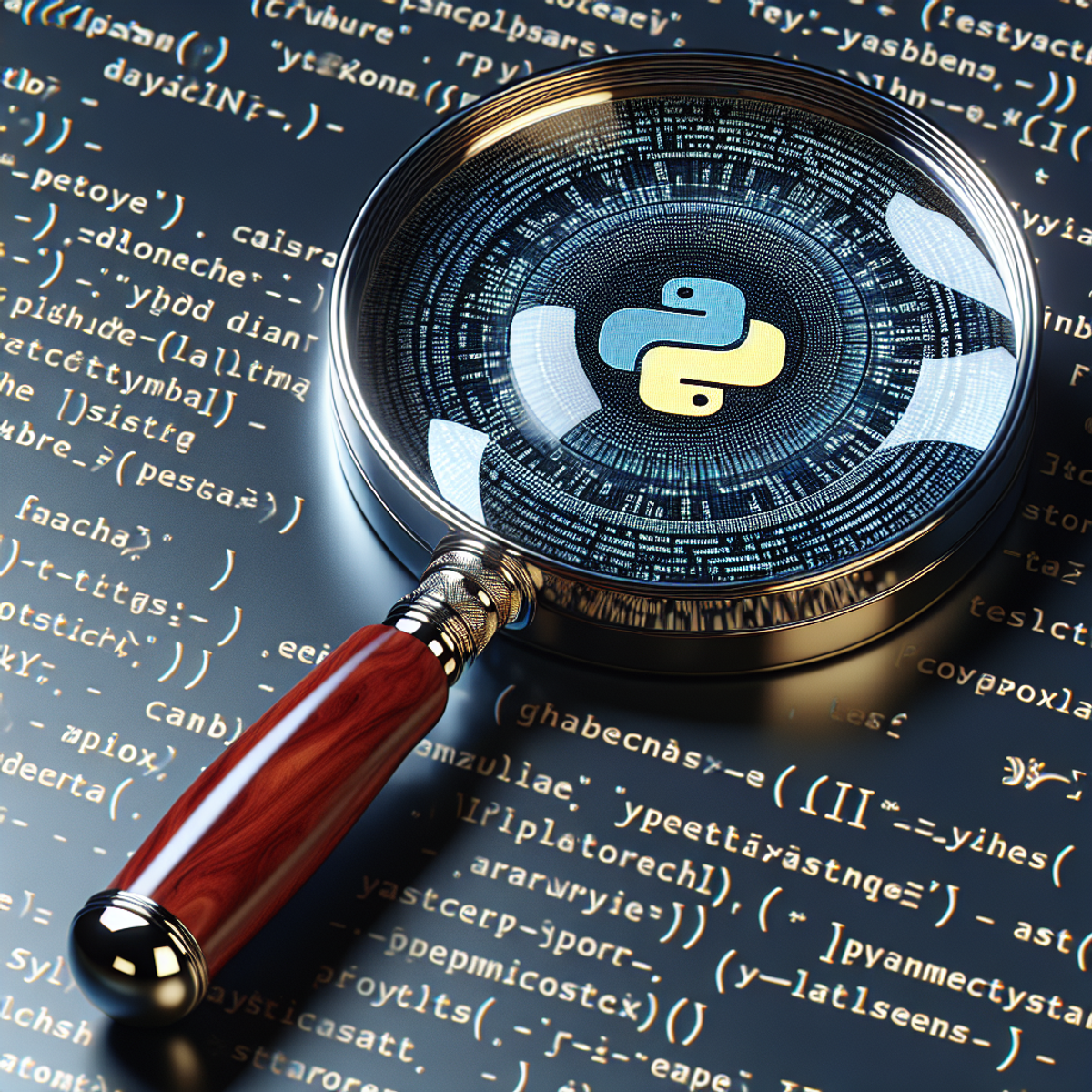 A magnifying glass with Python programming language symbols magnified.