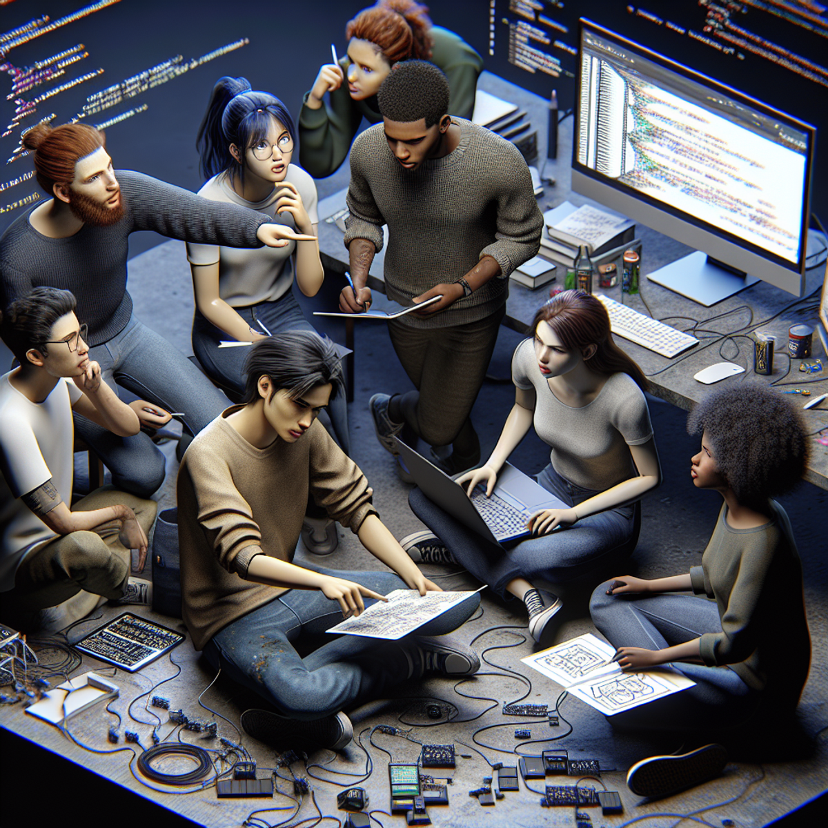 A diverse group of students working together on a computer project with laptops, programming code, and wireframe models.