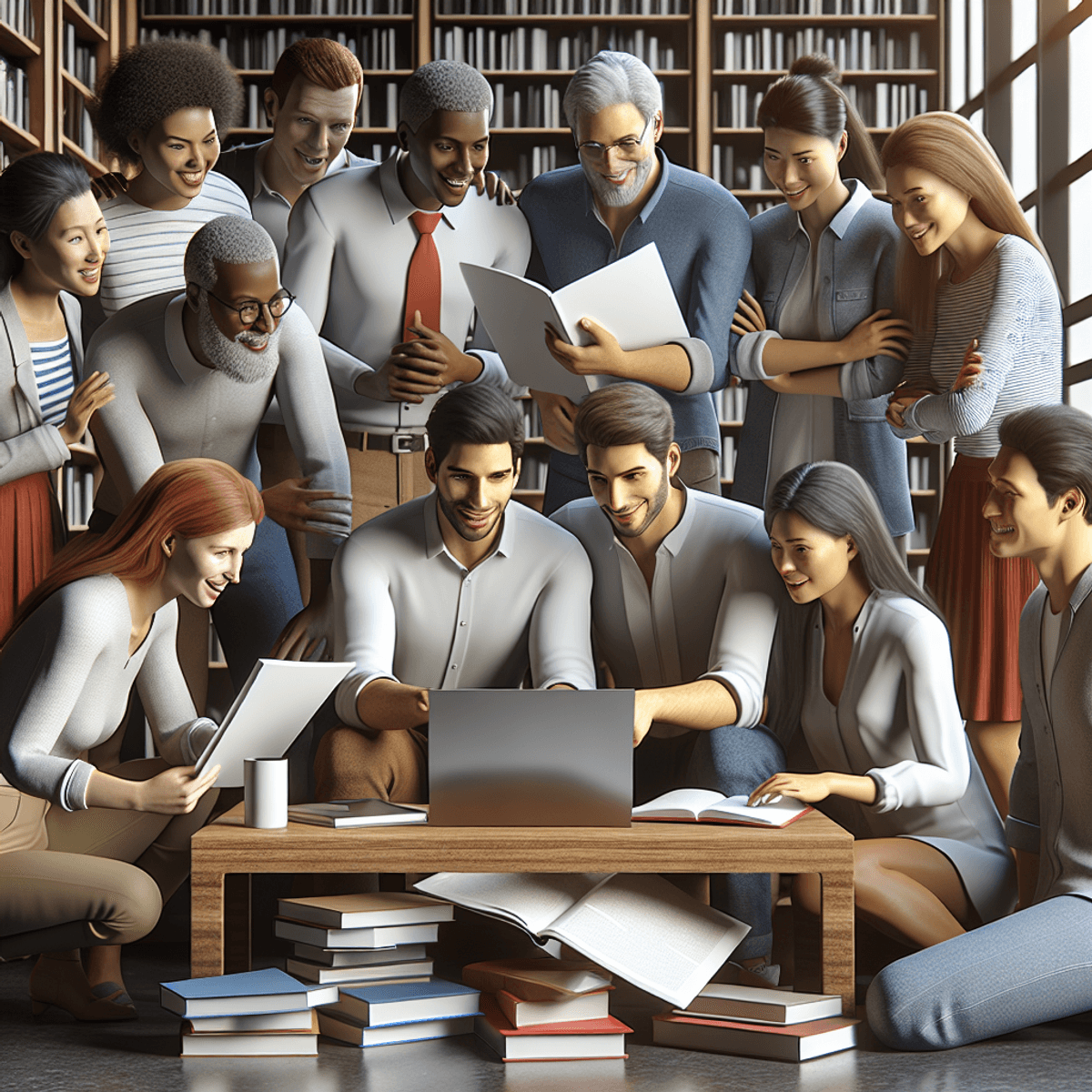 A diverse group of individuals, including Caucasian, Asian, and Hispanic individuals, gathered around a laptop or tablet, displaying enthusiasm as they discuss and share documents. The background features bookshelves and digital screens with text-free documents, creating an atmosphere of collaboration and learning. The scene embodies positivity and engagement, highlighting the theme of shared knowledge and community in a modern setting.