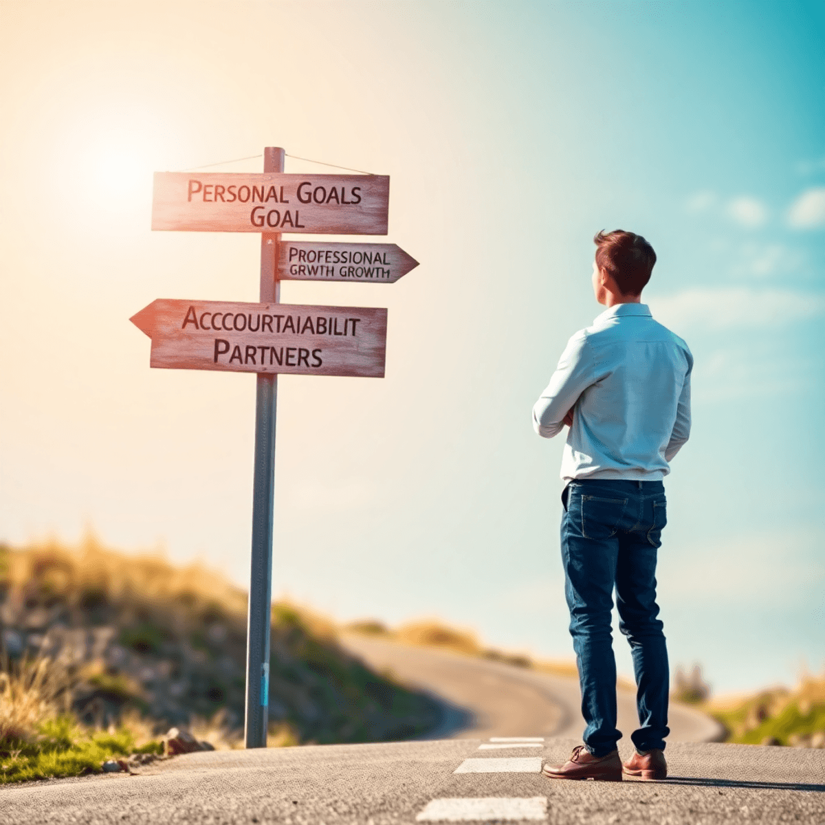 A person stands at a crossroads, gazing at a signpost labeled "Personal Goals," "Professional Growth," and "Accountability Partners" against a bright, inspiring background.