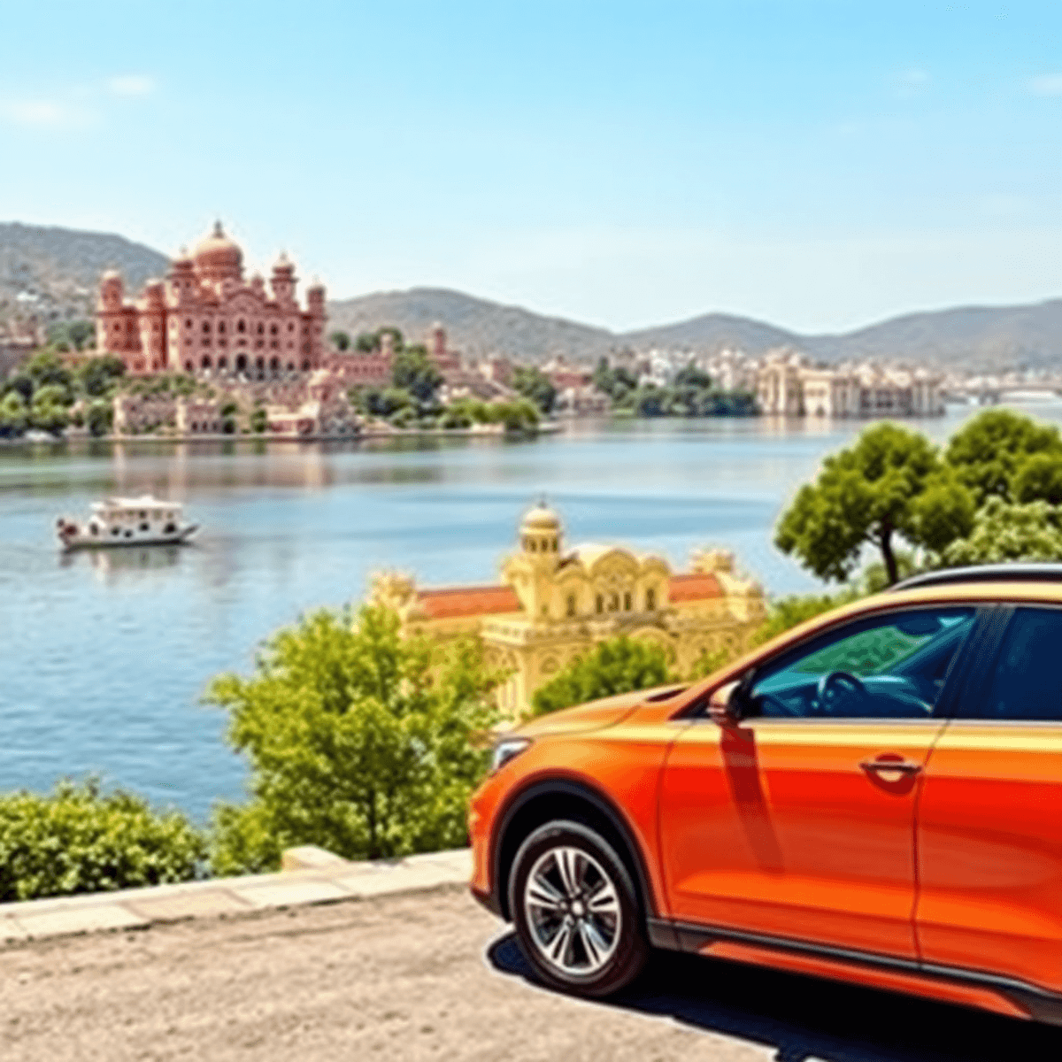 A scenic view of Udaipur with iconic lakes and palaces, featuring the City Palace and Lake Pichola, alongside a stylish car under clear blue skies.