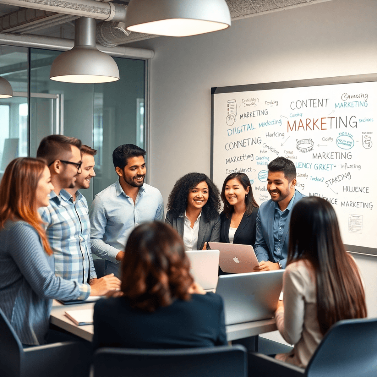 A diverse group of professionals collaborates in a modern office, surrounded by laptops and marketing materials, enthusiastically discussing strategies while a whiteboard displays various marketing symbols.