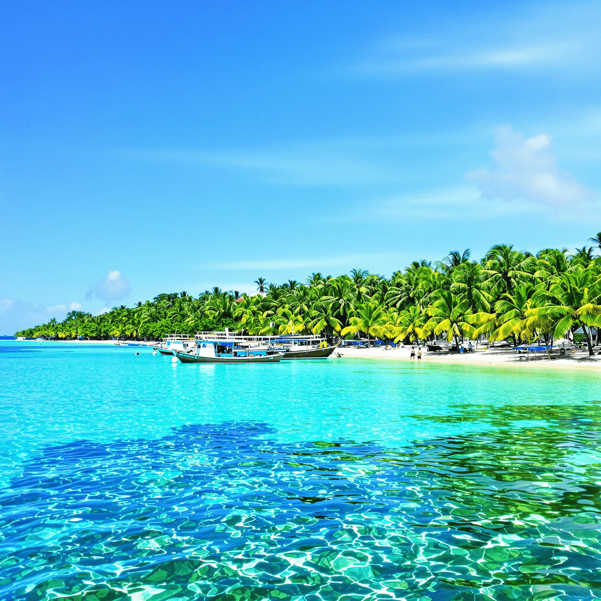 Tropical beach with turquoise water, white sand, green palm trees, and wooden boats floating near shore under a sunny sky.