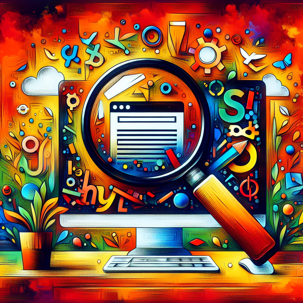 Alt text: A vibrant image of a magnifying glass hovering over a computer screen with abstract forms and symbols representing the concept of keywords scattered around.