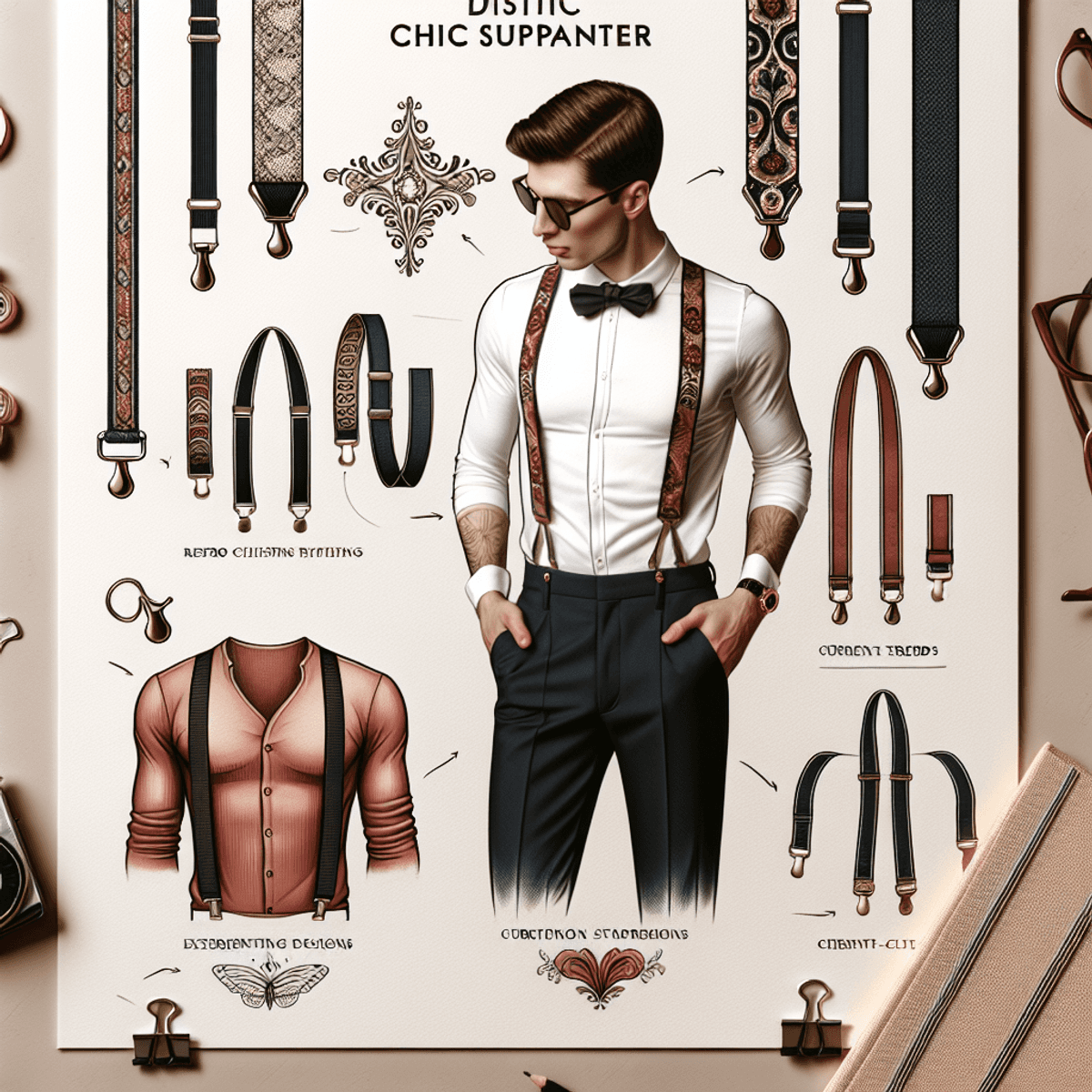 Un homme caucasien essayant une variété de bretelles chics dans un cadre élégant, mettant en avant des designs distincts allant du rétro aux tendances actuelles, soulignant leur adaptabilité en tant qu'élément de style. L'homme dégage confiance et originalité, avec une ambiance réaliste et raffinée autour de lui.