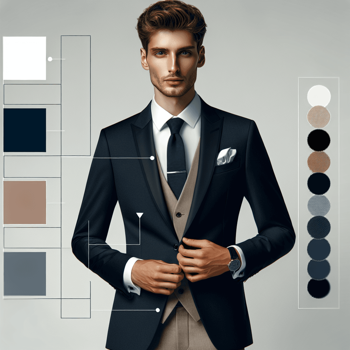 Portrait réaliste d'un homme caucasien élégamment habillé en tenue formelle, portant un costume bien ajusté, une cravate ou un nœud papillon poli, et un mouchoir de poche assorti, le tout sur fond neutre pour mettre en valeur la sophistication des vêtements.