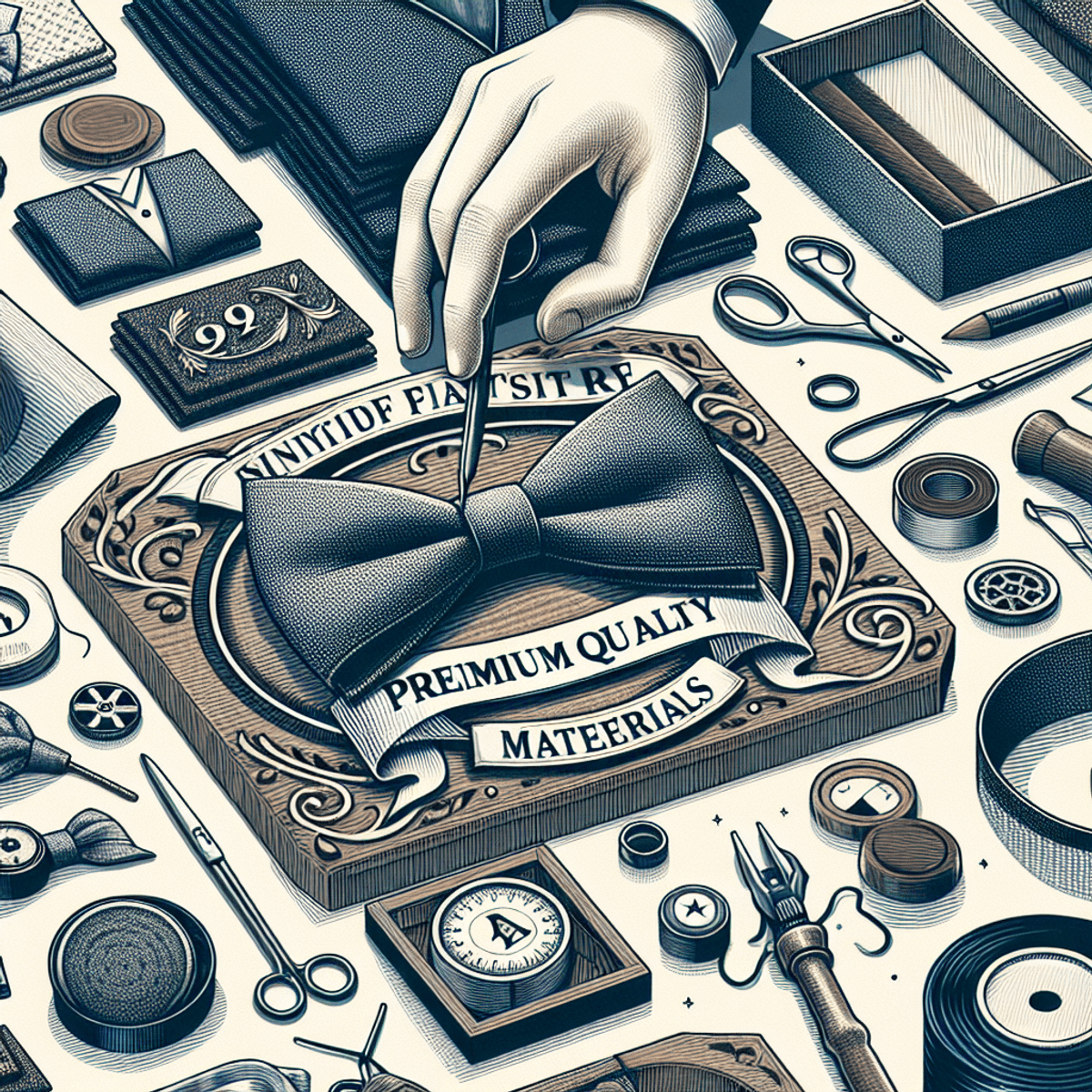 Représentation en art numérique d'un nœud papillon élégant composé de divers matériaux, symbolisant le thème des matériaux de haute qualité pour les nœuds papillons.