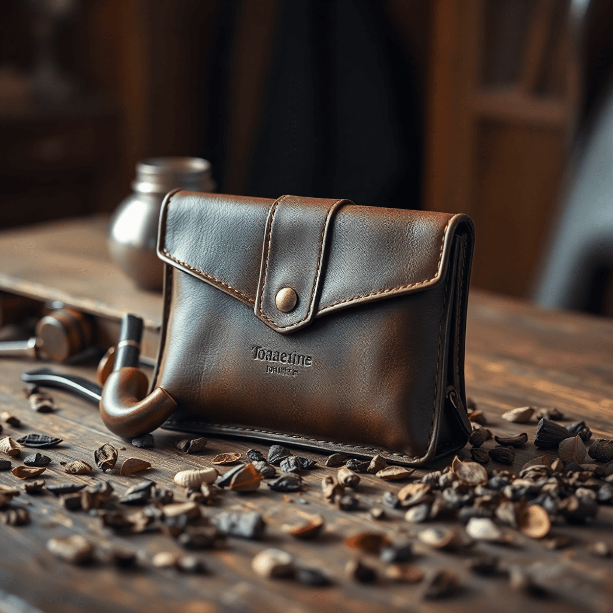 Un étui à tabac en cuir vintage sur une table en bois rustique, entouré de feuilles de tabac et d'une pipe élégante, dégageant le charme classique d'un gentleman avec un éclairage chaleureux.