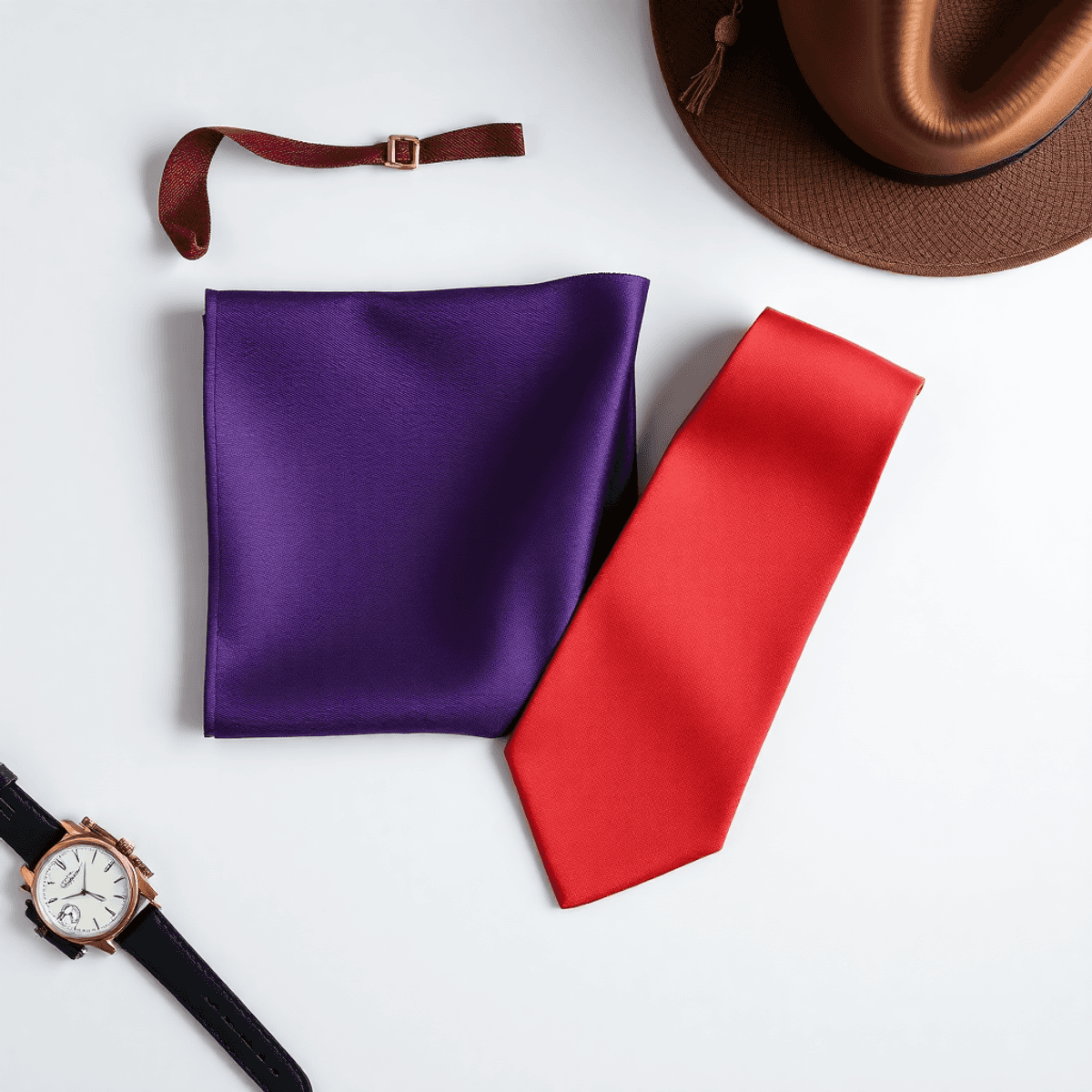 Un agencement élégant mettant en vedette un mouchoir de poche et une cravate dans des couleurs harmonieuses, accompagnés d'une montre vintage et d'un chapeau classique sur un fond simple et élégant.