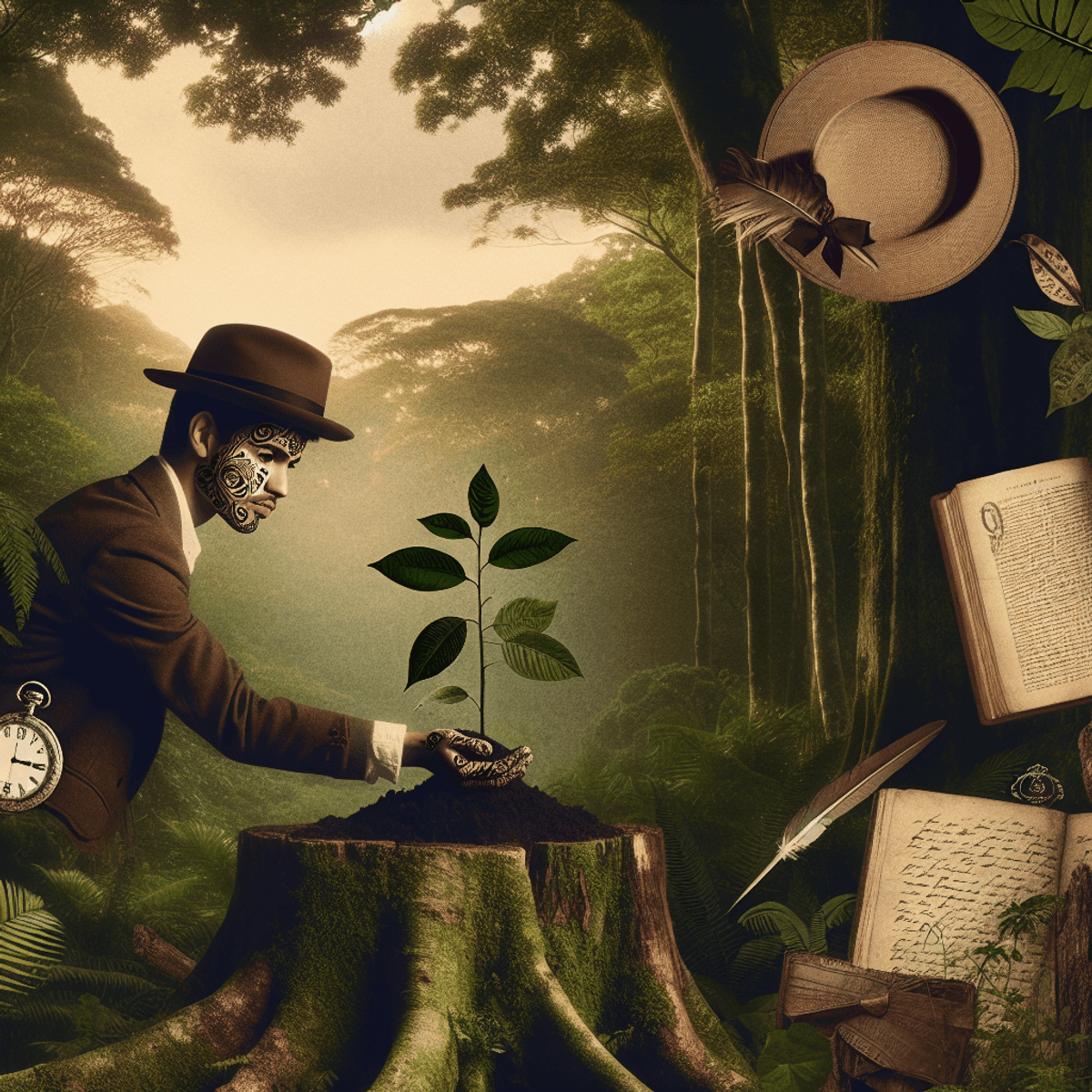 Une femme hispanique plante délicatement un jeune arbre dans une forêt verdoyante et riche. Son visage exprime l'esprit de durabilité et d'engagement envers l'environnement. À proximité, un chapeau de dame repose sur une souche d'arbre, tandis qu'un journal avec une plume est posé sur le sol. Un classique montre de poche pend à une branche, ajoutant une touche d'élégance vintage à la scène. L'ensemble évoque une harmonie entre la nature et les éléments classiques, sans texte ni écriture.