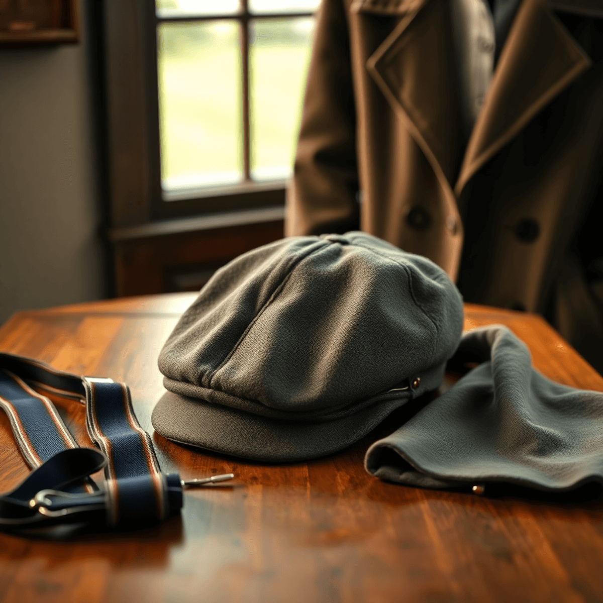 Un élégant casquette plate exposée sur une table en bois vintage, entourée d'accessoires de mode rétro tels que des bretelles et un trench-coat, créant une atmosphère chaleureuse et nostalgique.