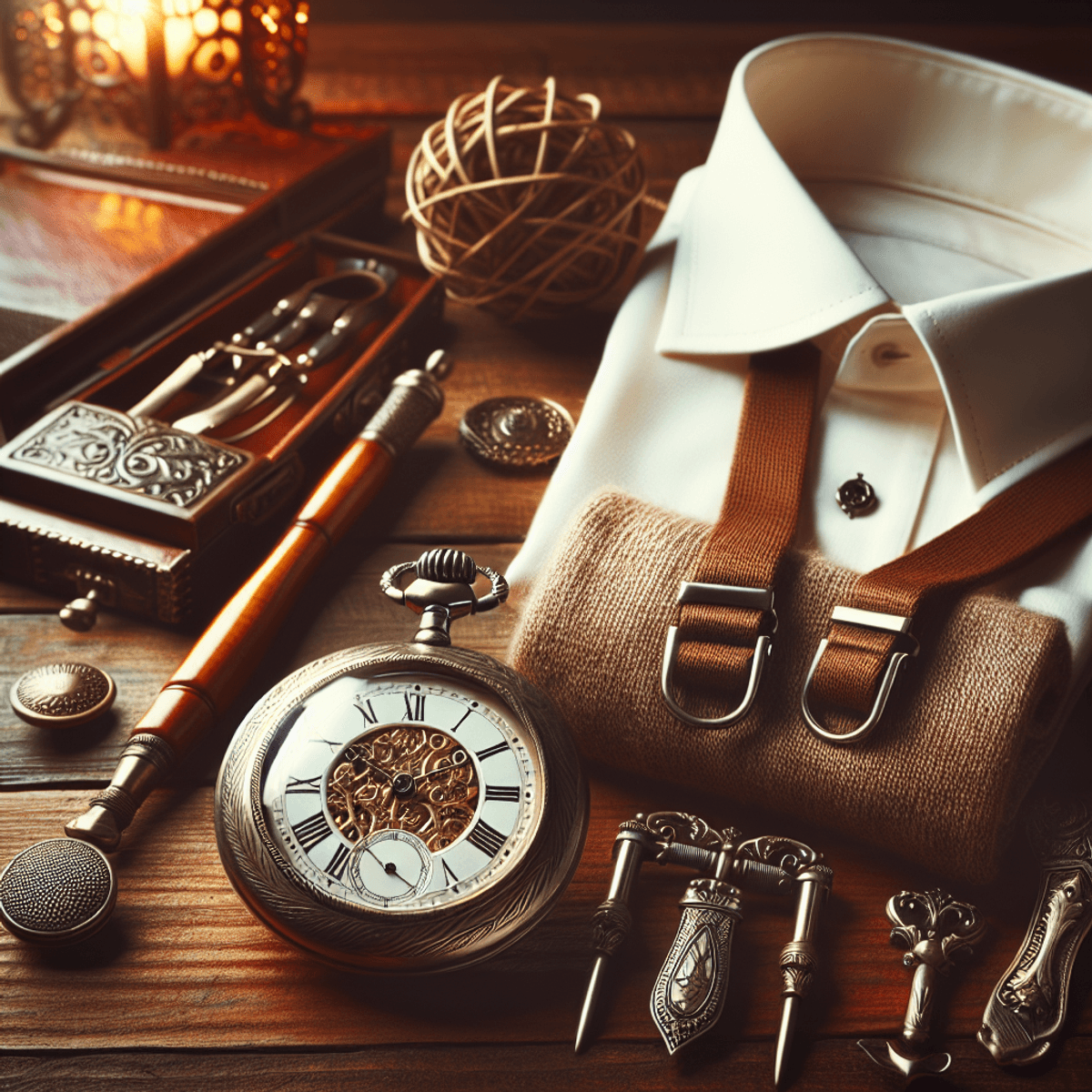 Une montre à gousset de poche vintage avec des détails ornés reposant sur une table en bois dur poli, entourée d'accessoires classiques comprenant des bretelles finement travaillées et une chemise élégamment tissée, le tout illuminé par une lumière chaude qui met en valeur les caractéristiques intriquées de la montre, créant une atmosphère de grâce et de sophistication durables.