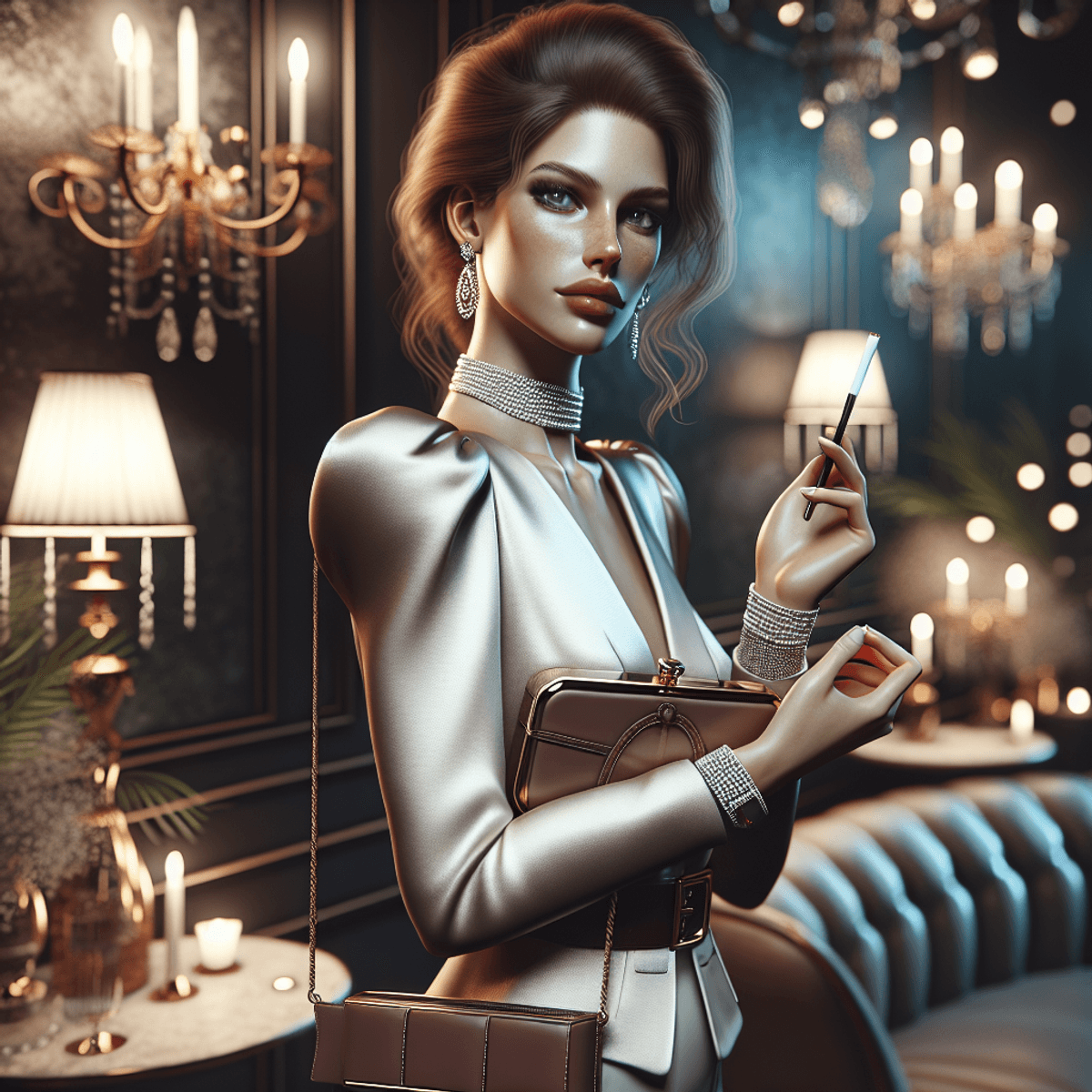 Portrait réaliste d'une femme élégante et caucasienne dans un cadre de soirée, vêtue d'une tenue à la mode. Elle tient un étui à cigarettes stylé dans ses mains, symbolisant classe et sophistication. L'environnement est richement décoré avec un éclairage tamisé et doux, mettant en valeur l'ambiance luxueuse. Des accessoires à la mode, comme un sac en cuir bandoulière, accentuent l'atmosphère haut de gamme de la scène. Aucun texte lisible n'est présent dans l'image.
