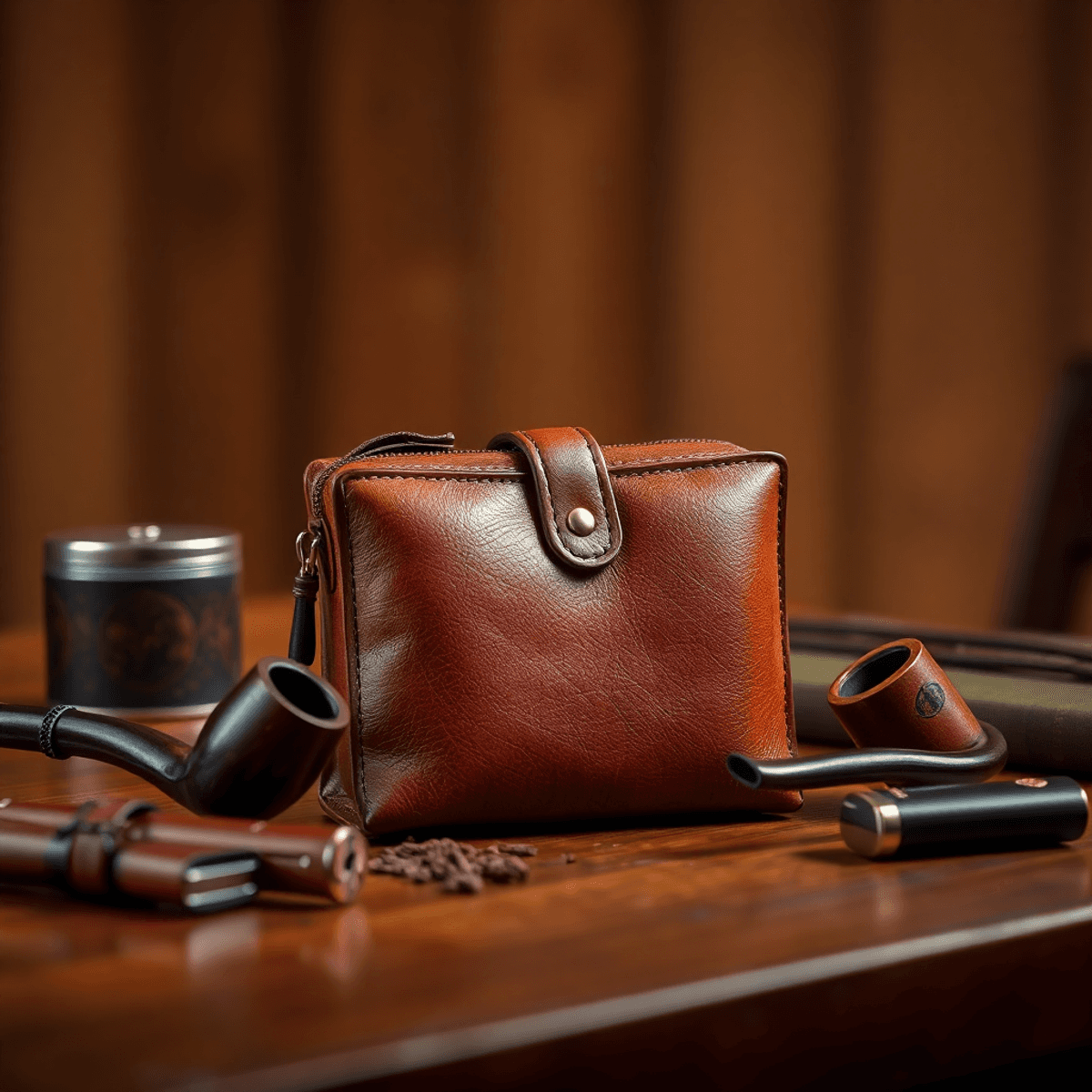 Un étui à tabac vintage sur une table en bois, accompagné d'une pipe et d'un briquet élégant, le tout baigné dans une lumière chaude qui met en valeur les riches textures du cuir.