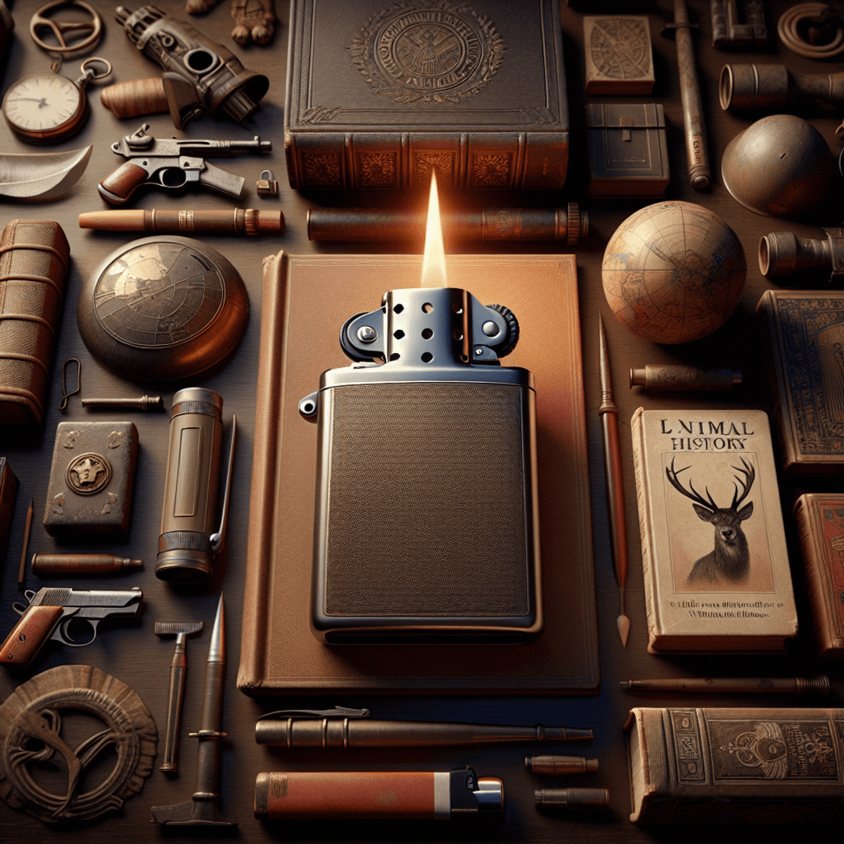 Image d'un briquet vintage au centre de la scène, entouré de divers symboles culturels : des livres anciens à couverture rigide évoquant un héritage historique, du matériel militaire ancien indiquant l'histoire de la guerre, et différentes empreintes ou silhouettes animales représentant divers éléments zoologiques issus de l'histoire. L'ensemble dégage une atmosphère chaleureuse et accueillante grâce à un éclairage doux, créant un sentiment de profonde histoire et de riche signification culturelle.