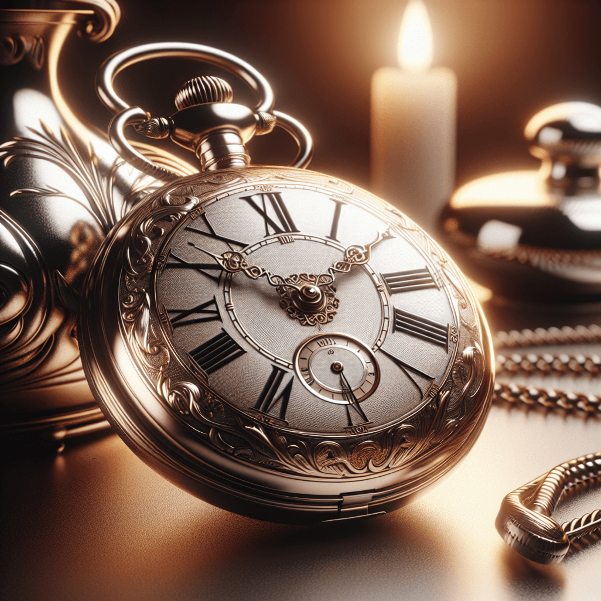 A vintage pocket watch: a carefully crafted pocket watch delicately rests on an elegant surface, bathed in soft and warm light. The watch is rich in classic details, with Roman numerals on its dial and intricate patterns on its antique metal cover. In contrast to the aged charm of the watch, subtle modern elements can be found in the background, such as an abstract artistic metal sculpture or an elegant vase, representing a blend of timeless elegance and contemporary style. The focus is on symbols, textures, and lighting, with no textual elements present in the image.