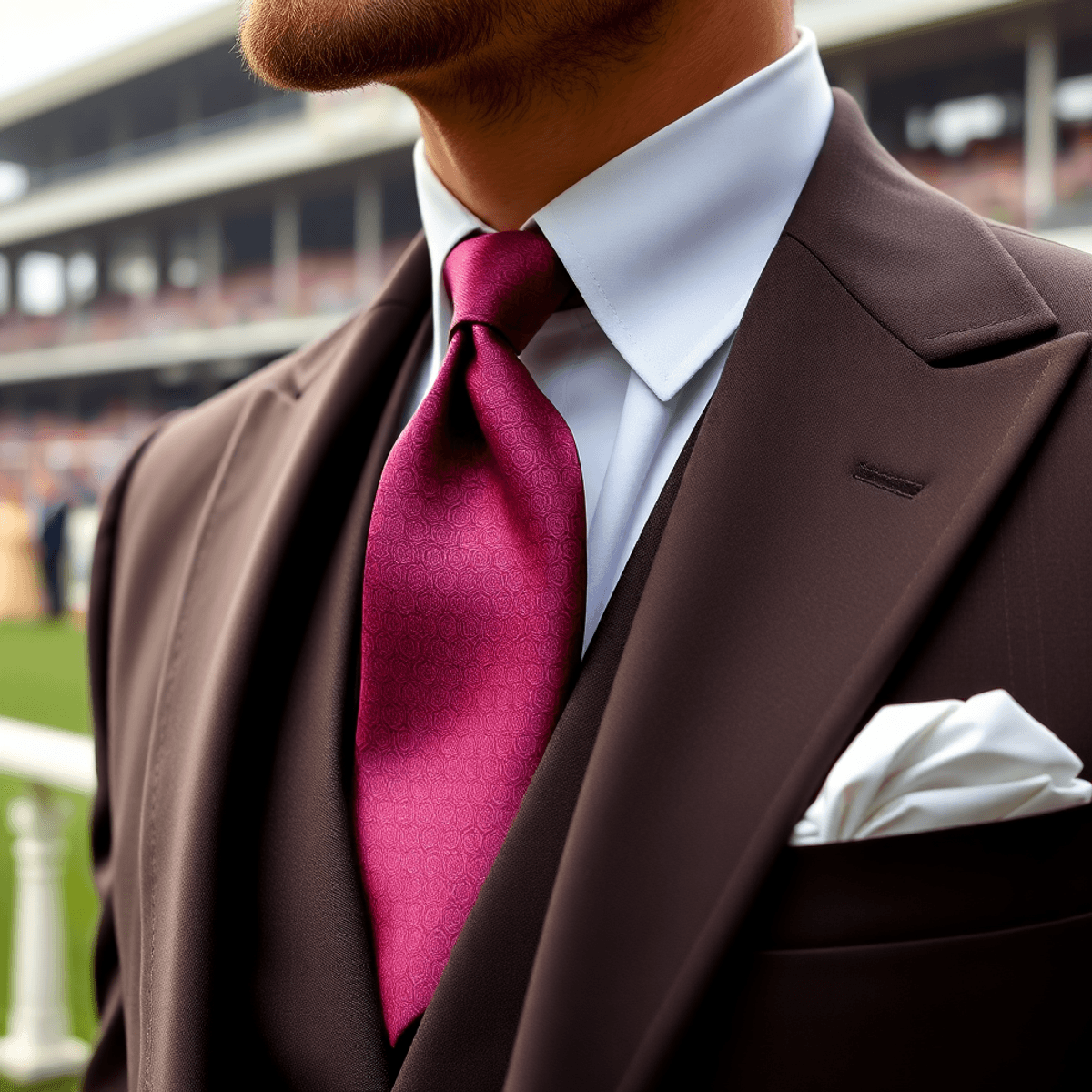 Une élégante cravate ascot drapée sur une veste de costume sur mesure, en soie luxueuse et ornée de plis délicats, se détache sur un fond flou d'un hippodrome vintage.