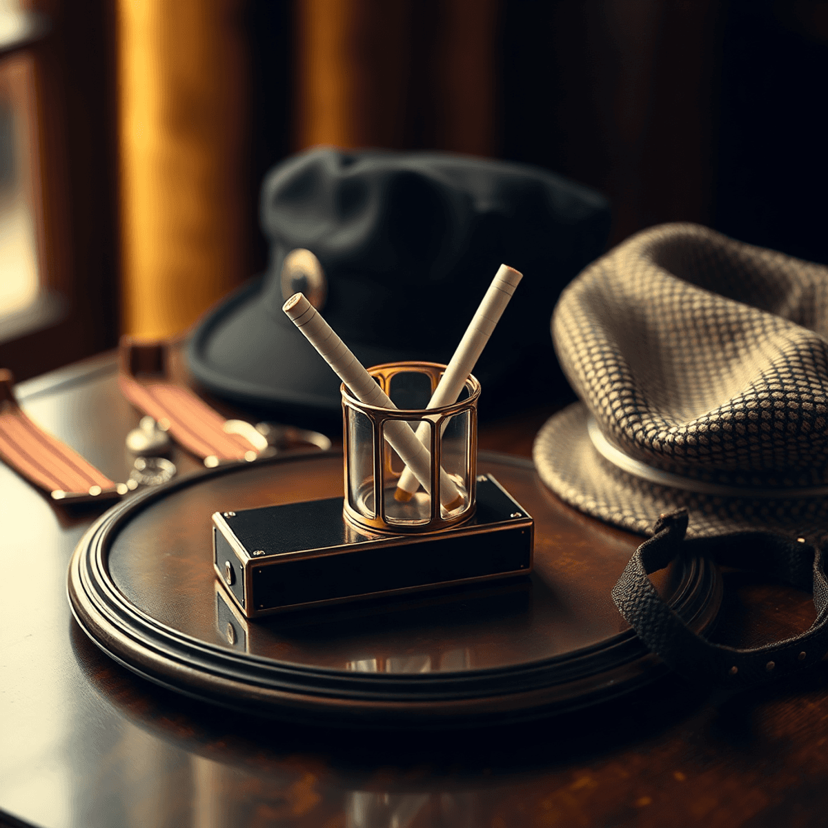 Un porte-cigarette vintage sur une table rétro, entouré de bretelles et d'une casquette de garçon de nouvelles, capturant le glamour des années 1920 avec une tonalité chaleureuse et accueillante.