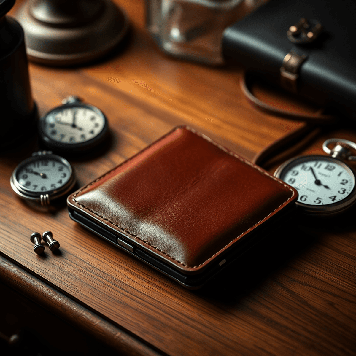 Un élégant étui à cigarettes en cuir sur une table en bois, accompagné d'une montre de poche vintage et de boutons de manchette élégants, créant une atmosphère chaleureuse et sophistiquée.