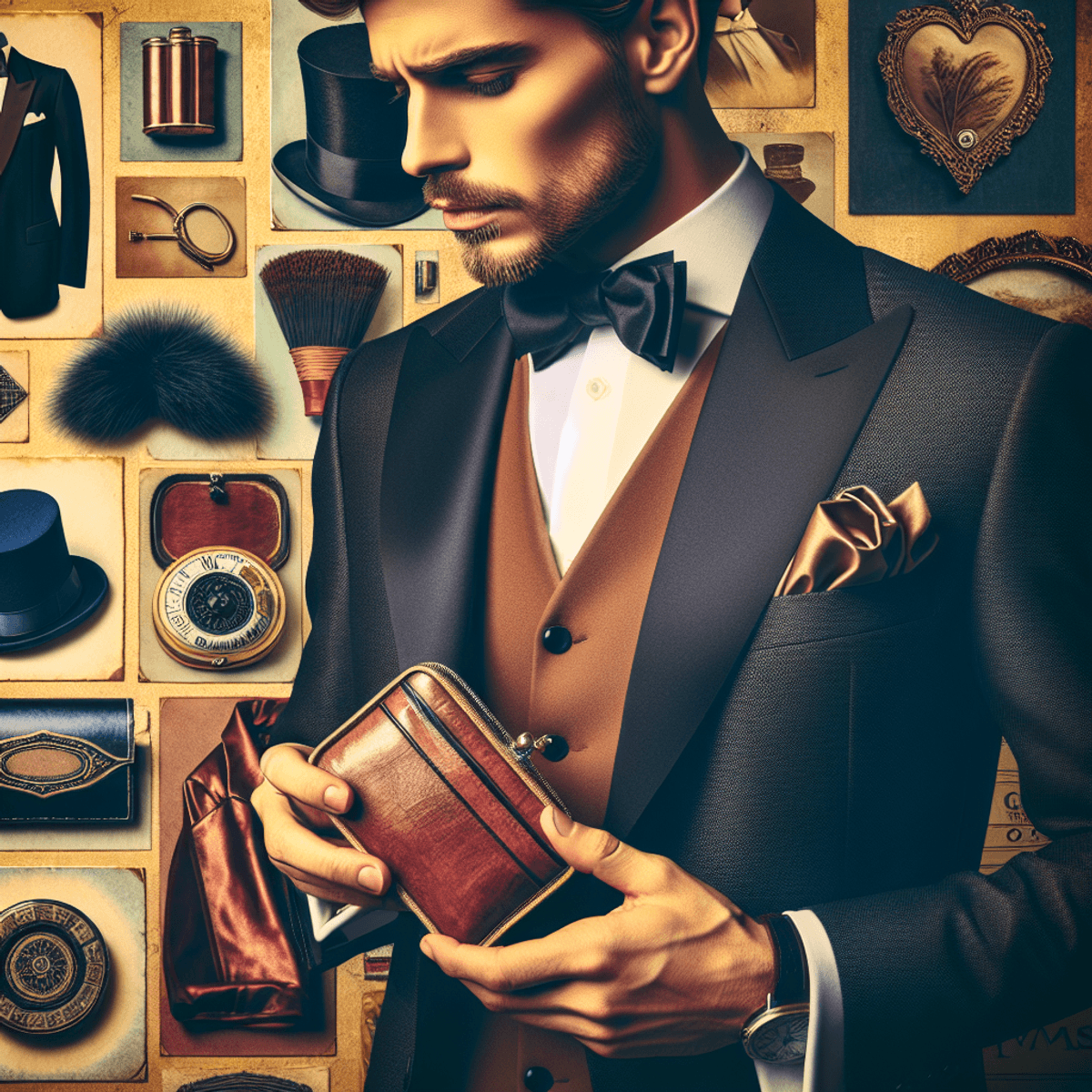 Homme caucasien élégamment habillé, tenant une poche à tabac vintage, avec un arrière-plan décoré d'objets de mode rétro évoquant une forte nostalgie.