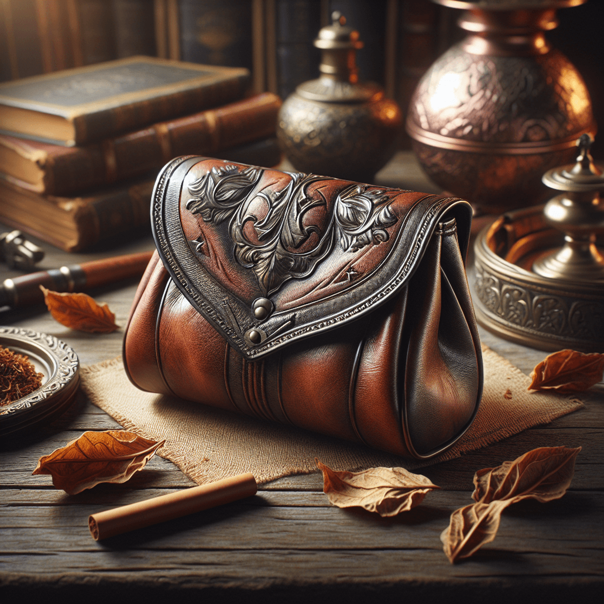 Un étui à tabac en cuir vintage reposant sur une table en bois antique, mettant en valeur un savoir-faire complexe avec des tons profonds et riches. Des feuilles de tabac éparpillées entourent l'étui, renforçant son authenticité. La scène est baignée d'une lumière douce, avec des éléments antiques flous en arrière-plan qui évoquent un sens de l'histoire et de l'intemporalité.