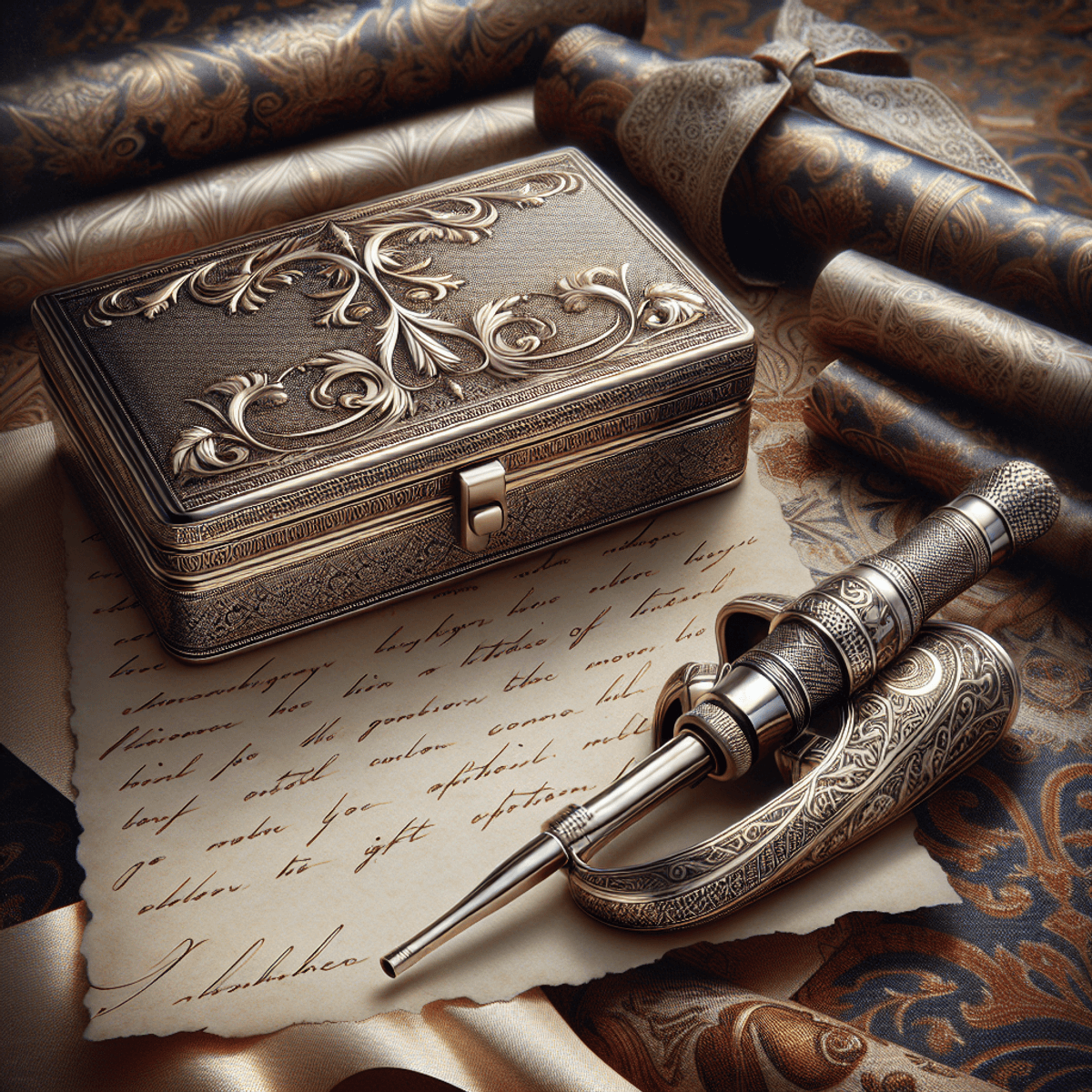 An elegant and stylish vintage cigarette holder, engraved with ornate and personalized patterns, is prominently displayed in the foreground. It is surrounded by elegantly wrapped and finely decorated wrapping paper that evokes the charm of bygone eras. A handwritten note, with distinct ink strokes suggesting a sincere and invisible message, accompanies the whole set. This setting transports us to a charming time when gifts were personalized and cherished.