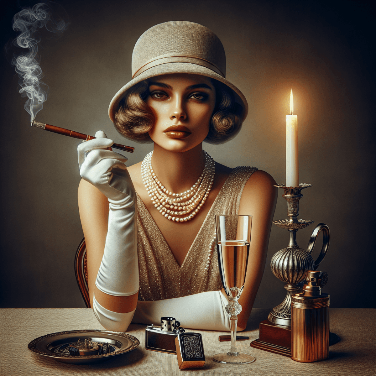 An elegantly set table with a vintage cigarette case, a classic lighter, and a glass of champagne in the center. A Caucasian woman dressed in 1920s attire exudes charm and sophistication, enhancing the retro scene with her graceful presence.