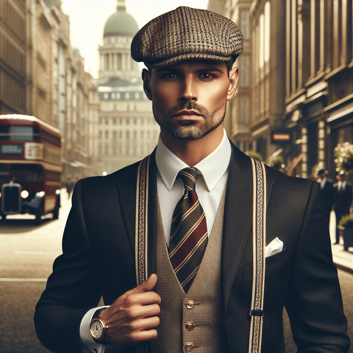 Un homme caucasien élégant, vêtu d'un costume sur mesure des années 1920, avec des bretelles et une montre de poche. Il porte également une casquette plate typique de l'époque. L'homme est positionné devant un décor urbain qui respire le charme atmosphérique des années 1920.