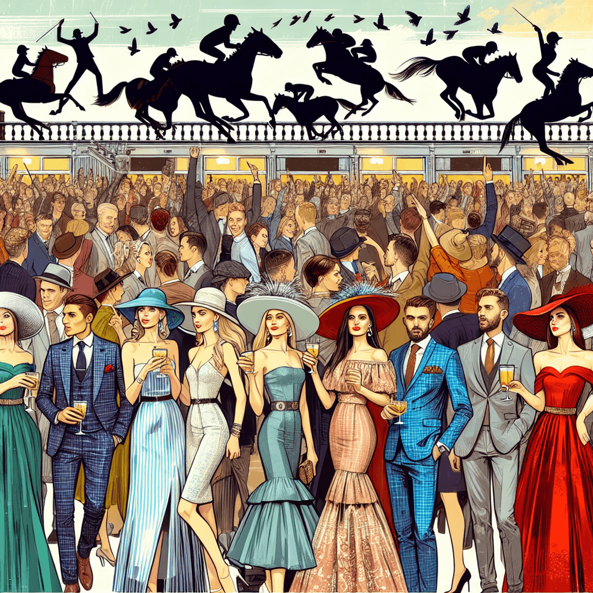 Une scène animée d'un événement de course de chevaux, où des spectateurs élégamment vêtus assistent à la compétition. On y voit un groupe d'individus caucasiens et hispaniques, tous captivés par l'atmosphère festive. Les femmes portent des robes sophistiquées et des chapeaux raffinés, tandis que les hommes sont habillés en costumes chic avec des cravates colorées. En arrière-plan, on aperçoit des musiciens jouant de la musique entraînante et des couples dansant joyeusement, renforçant l'énergie de l'événement. L'image transmet une ambiance de célébration et de style, sans texte lisible, uniquement à travers les symboles visuels et les interactions des personnes présentes.