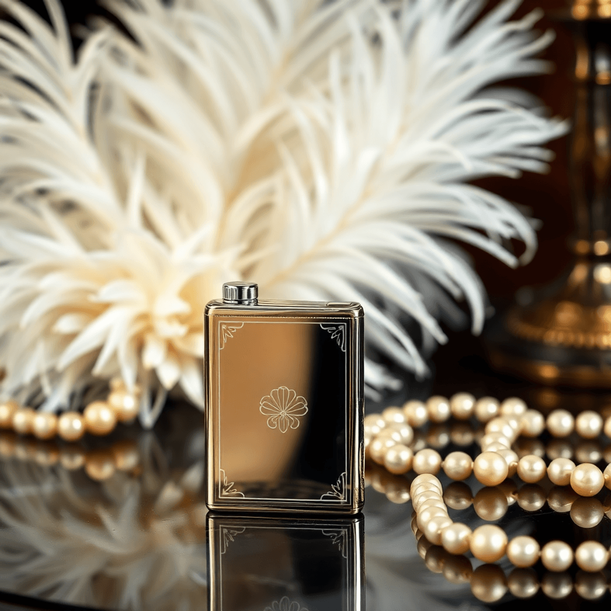Un porte-cigarette vintage en argent ciselé sur une table art déco, entouré d'éléments des années 1920 comme des plumes et des perles, évoquant glamour et sophistication.