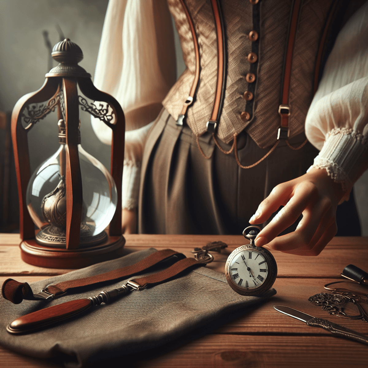 Une montre de poche vintage reposant sur une table en chêne, entourée de bretelles élégantes et d'une chemise tissée nostalgique, avec une femme hispanique vêtue de vêtements inspirés du vintage admirant la montre en arrière-plan.