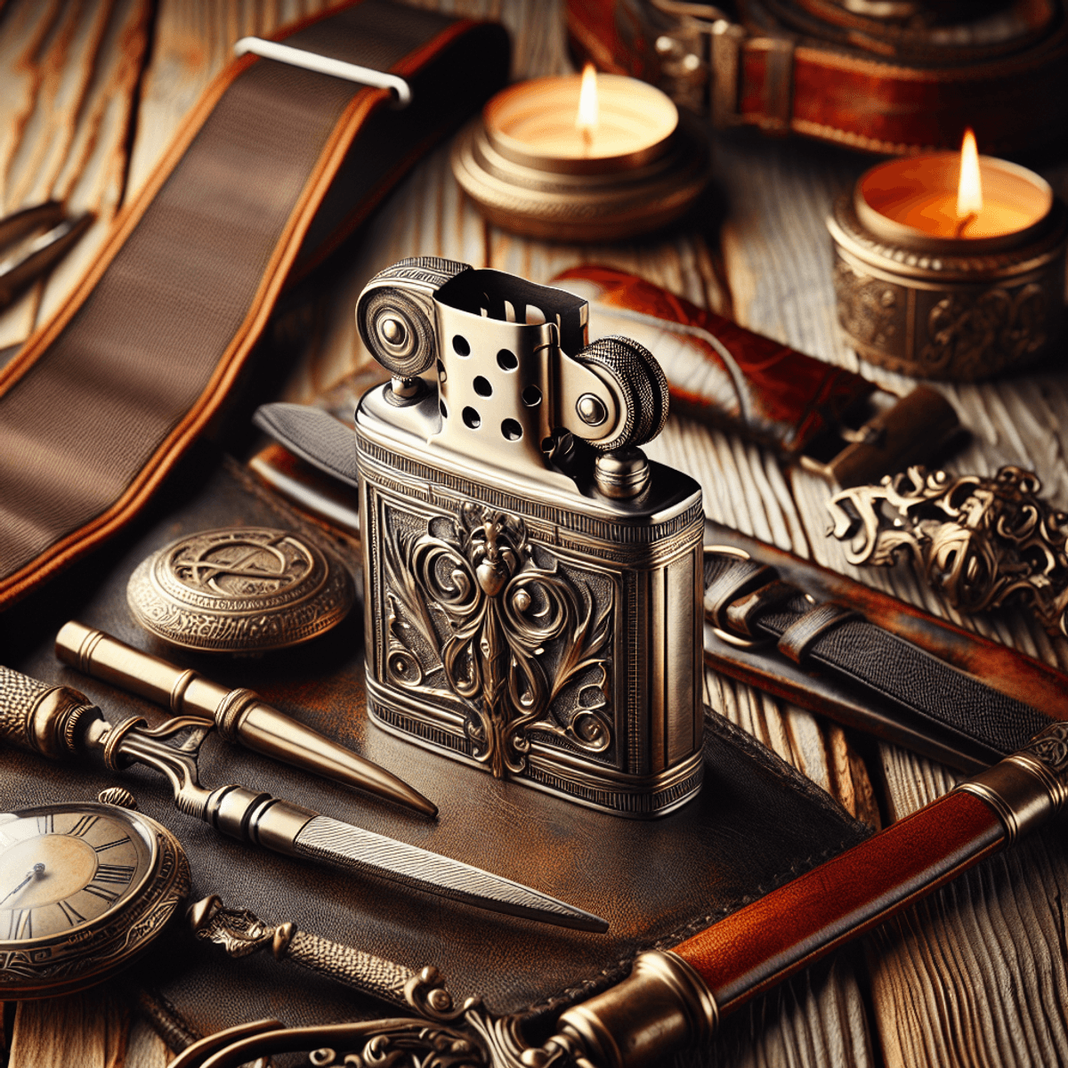 Un briquet vintage en métal poli se trouve au centre d'une table en bois rustique, entouré de bretelles en cuir et d'une montre de poche finement travaillée. La scène est éclairée par une lueur chaude et accueillante qui met en valeur les textures et les détails de ces élégants accessoires d'une époque révolue, le briquet servant de point focal et mettant en avant son importance historique.
