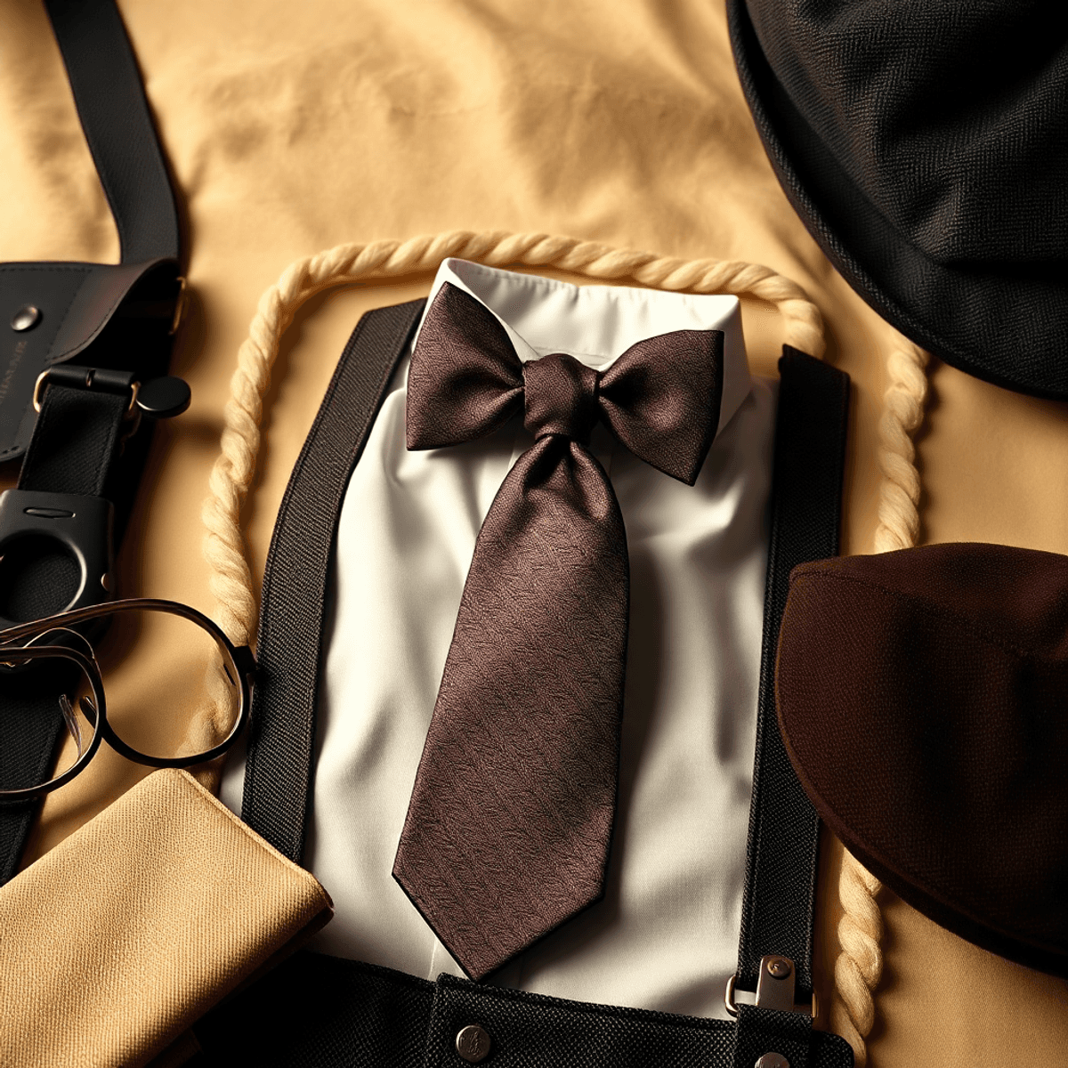 Une élégante cravate ascot entourée d'accessoires vintage tels que des bretelles et une casquette plate, sur un fond doux et luxueux évoquant le glamour des années 1920.